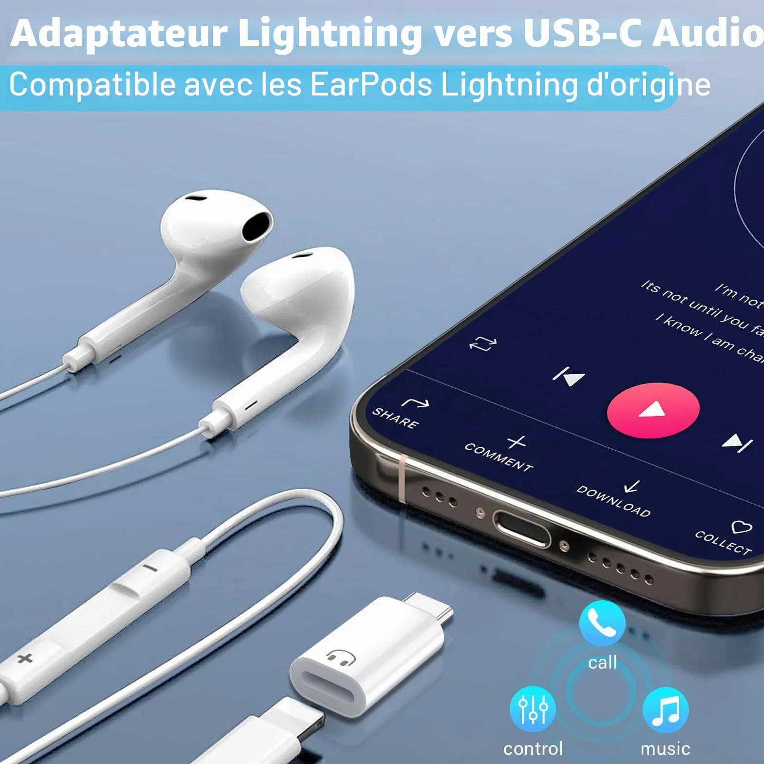 Adaptateur USB C vers Lightning Audio, USB C mâle vers Lightning, Compatible iPhone 16/15, Blanc