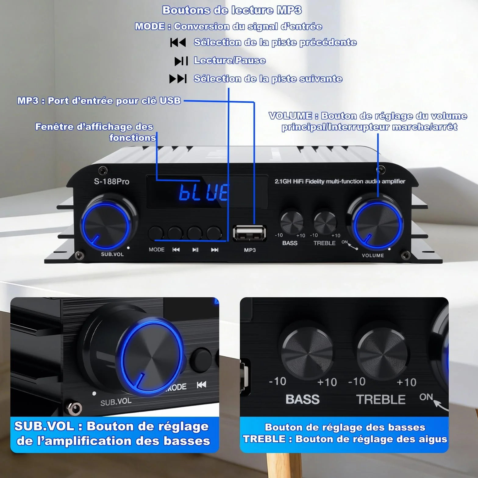 2.1 Chaîne Amplificateur Audio 50W×2 + Caisson de Basse 60W, 1000W Puissance de Crête, Bluetooth 5.3, Aux/USB/MP3, Réglage Grave/Aigu – Pour Home Cinéma, TV, Voiture