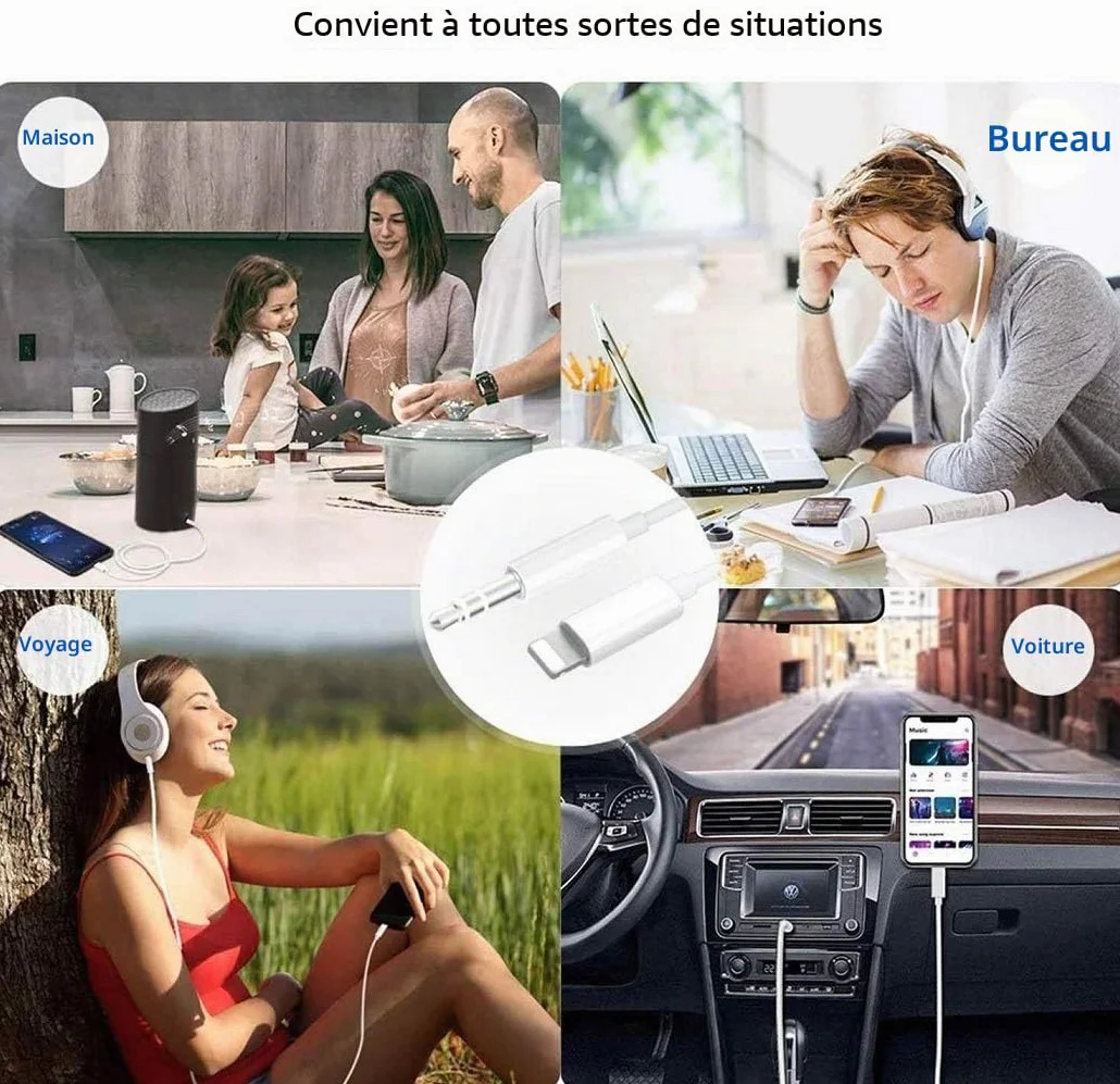 Cordon auxiliaire iPhone voiture adaptateur Lightning vers prise casque 3,5 mm compatible iPhone 14 13 12 11 XS XR X 8 7