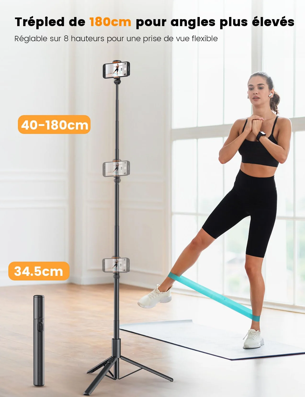 ANXRE 180cm Trépied Selfie avec Télécommande Détachable, Perche Extensible NT79 pour Smartphone et GoPro