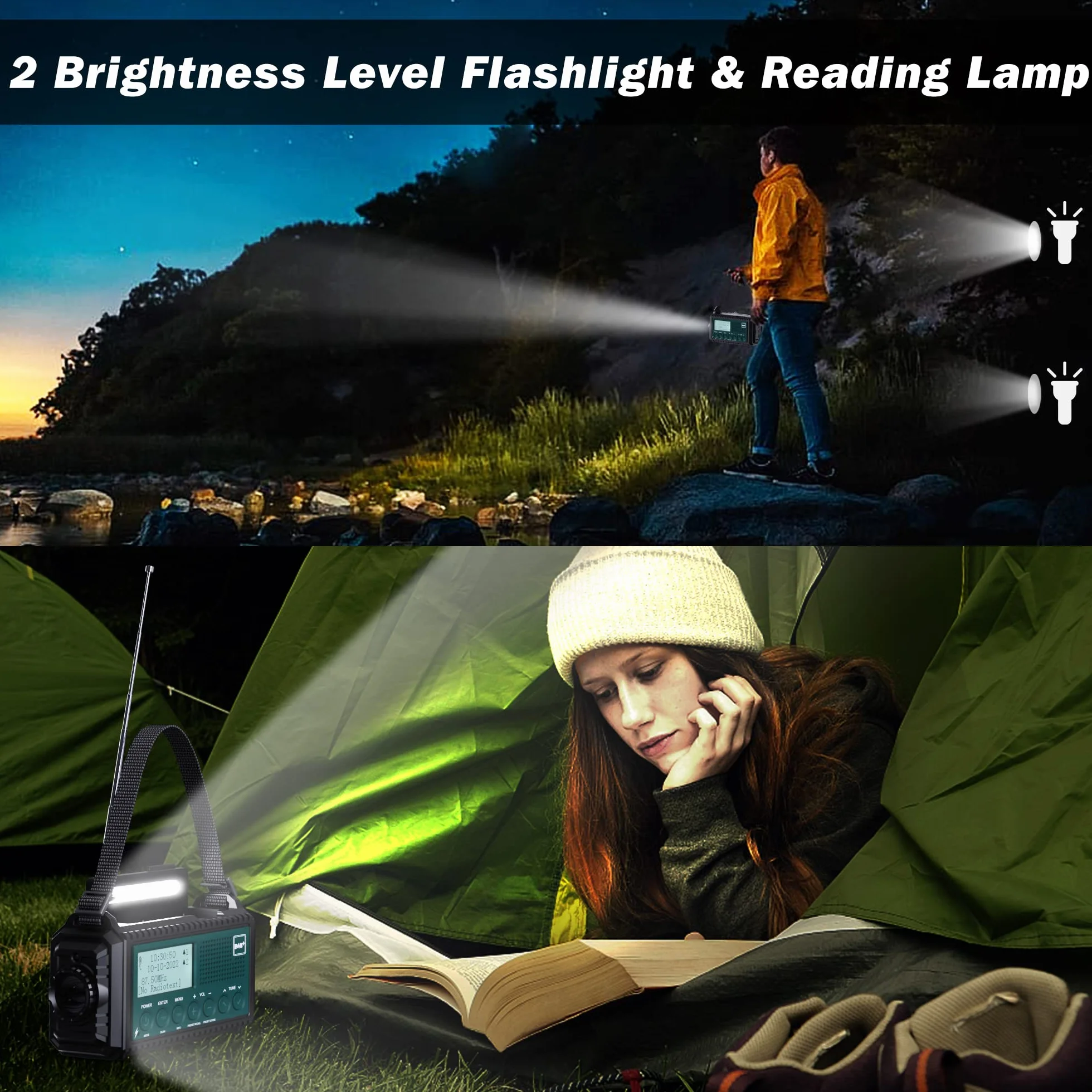 Radio à Manivelle Dab+/Dab/FM avec Batterie Rechargeable 5000mAh, Lampe de Poche, Camping Portable, Charge USB, Dynamo SOS