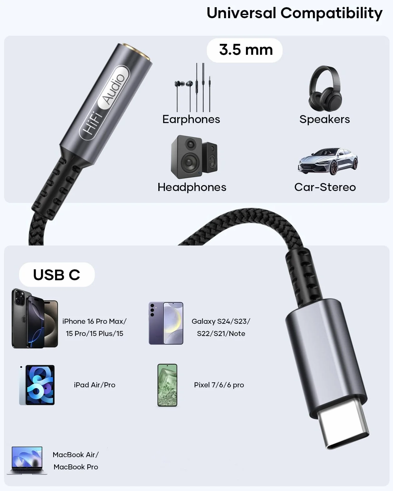 Adaptateur USB C vers Jack 3.5mm Lot de 2, USB C Casque Audio DAC Type C vers Aux Compatible iPhone 16 15 iPad Samsung S25 S24, Gris