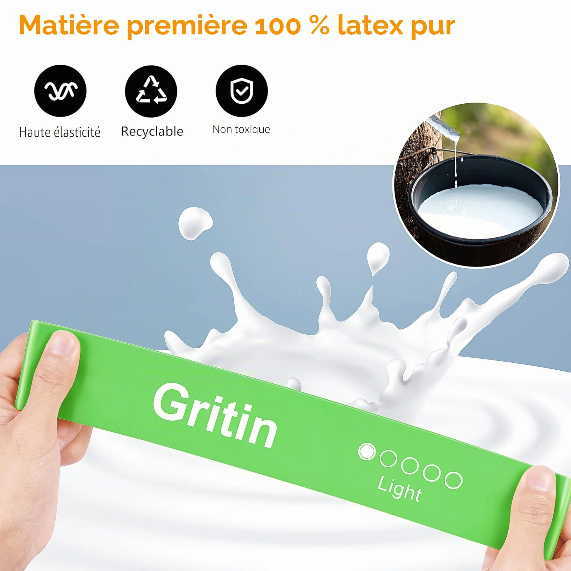 Gritin Lot de 5 Bandes Élastiques Fitness Résistance Latex Musculation Pilates Yoga 5 Niveaux Force avec Sac de Rangement