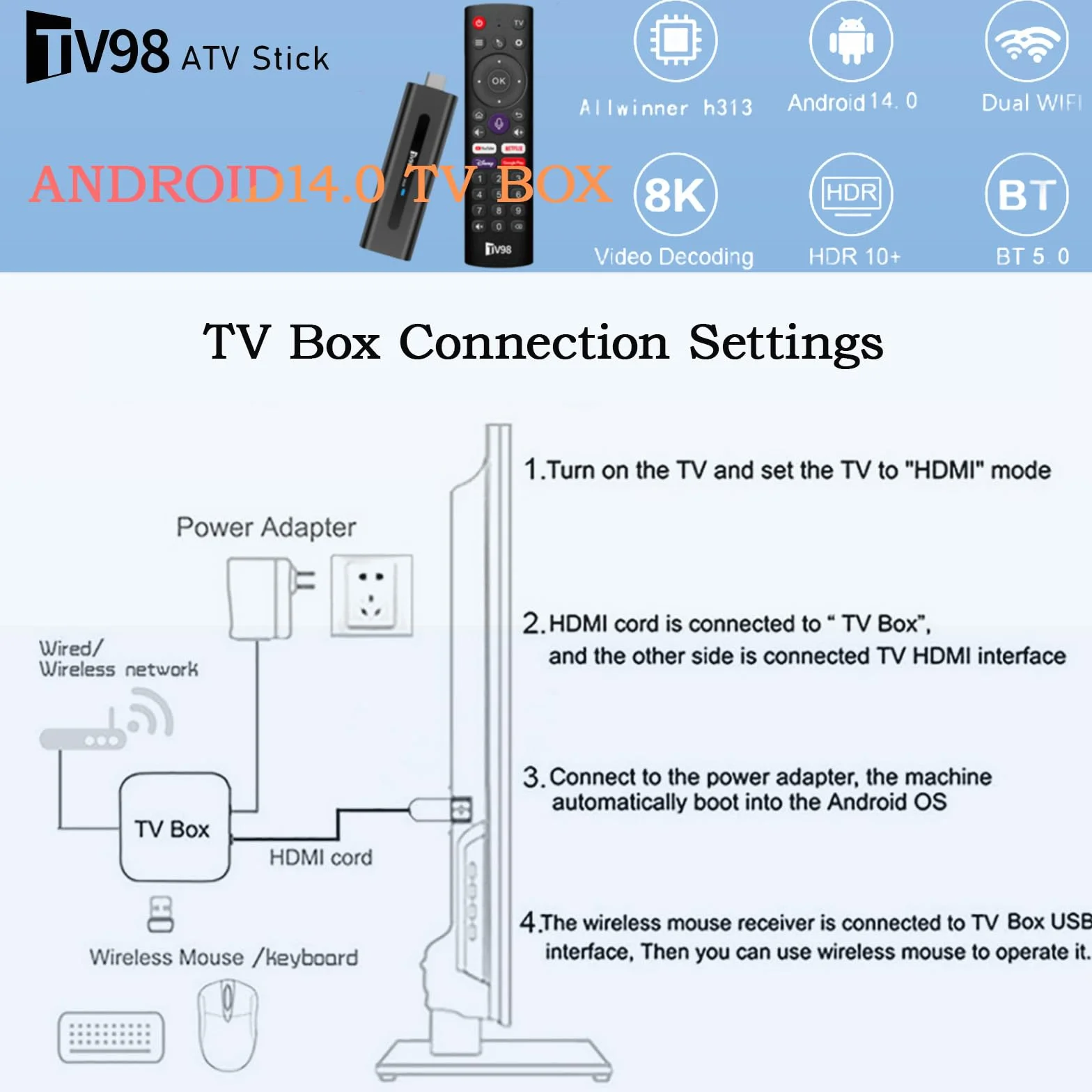 Android 14.0 TV Box, clé de streaming 8 K, 2 Go de RAM 16 Go de ROM, double WiFi 2,4 G/5,8 G, HDMI, 4 K HDR, télécommande vocale, lecteur de films 3D, convient pour les boîtes TV Android ou les clés