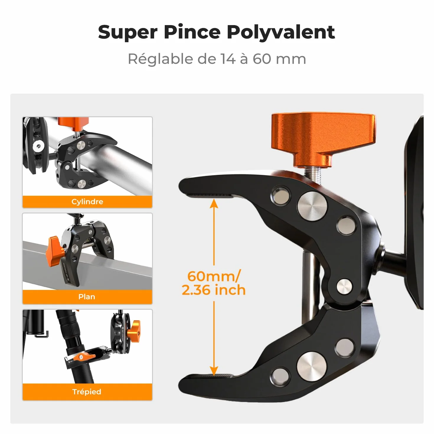 K&F CONCEPT Bras Magique + Pince Super Clamp à Rotule 360° – Support Articulé Multi-Angle avec Filetage 1/4'' et Adaptateur GoPro/Clip Téléphone pour Caméra Photo DSLR Microphone Lumière – M13