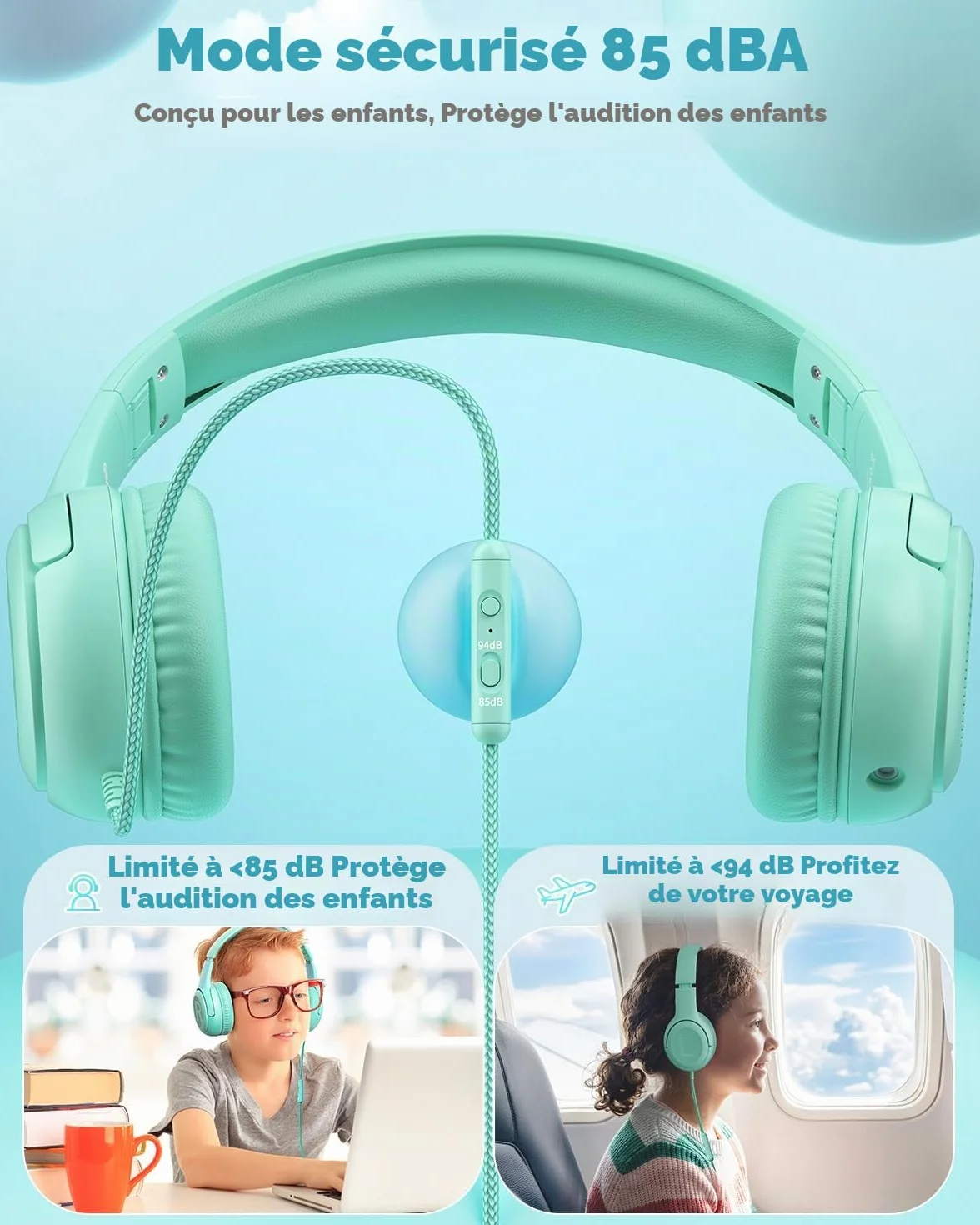 awatrue Casque Audio Enfant, Casque Enfant Filaire avec Volume Limité 85/94db, Fil 3.5 Mm, Pliable, Partager l’Audio, Micro Integré pour Ipad/Voyage/Tablette/Téléphone, Vert