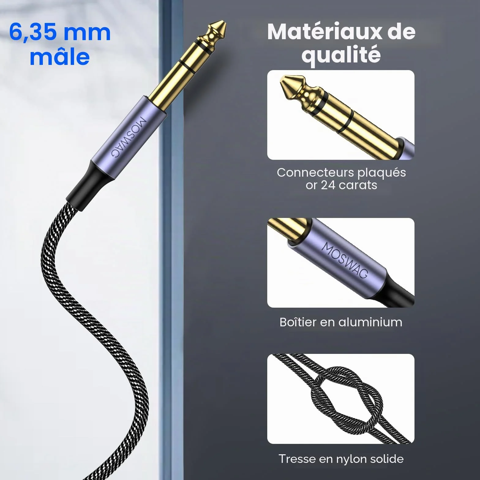 MOSWAG Câble Audio 3.5mm vers 6.35mm Stéréo Jack 1M, Câble Jack TRS Nylon Tressé 6.35 Mâle vers 3.5 Mâle pour DVD, Haut Parleurs, Table de Mixage, Cinéma Maison etc