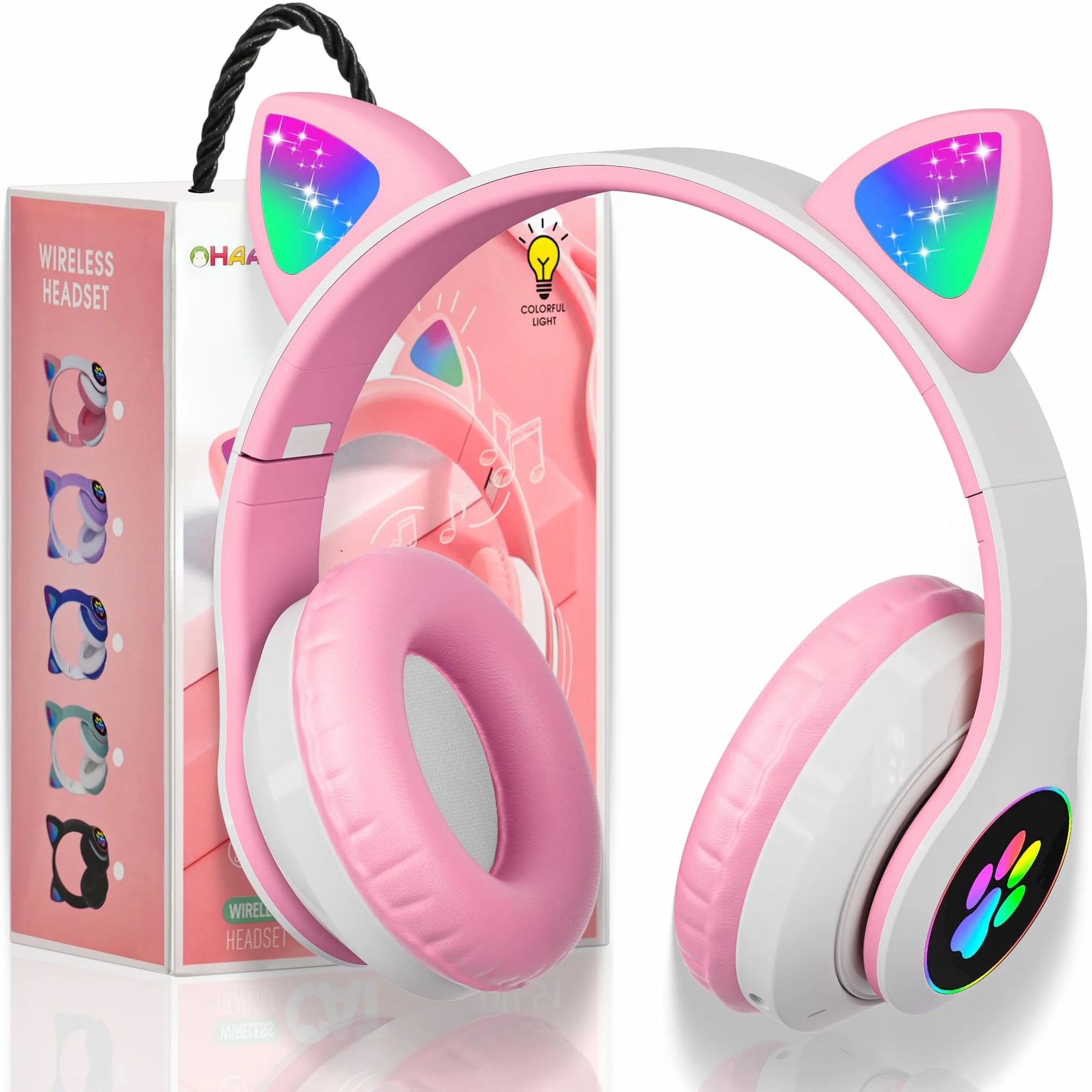 OHAANYY Casque Bluetooth pour Enfants sans Fil,Casque Cat Pliable avec LED Flash Lumières Glow, Enfants Bluetooth 5.0 avec Microphone et Contrôle du Volume, Carte Slot pour PC/Tablettes/TV (5)