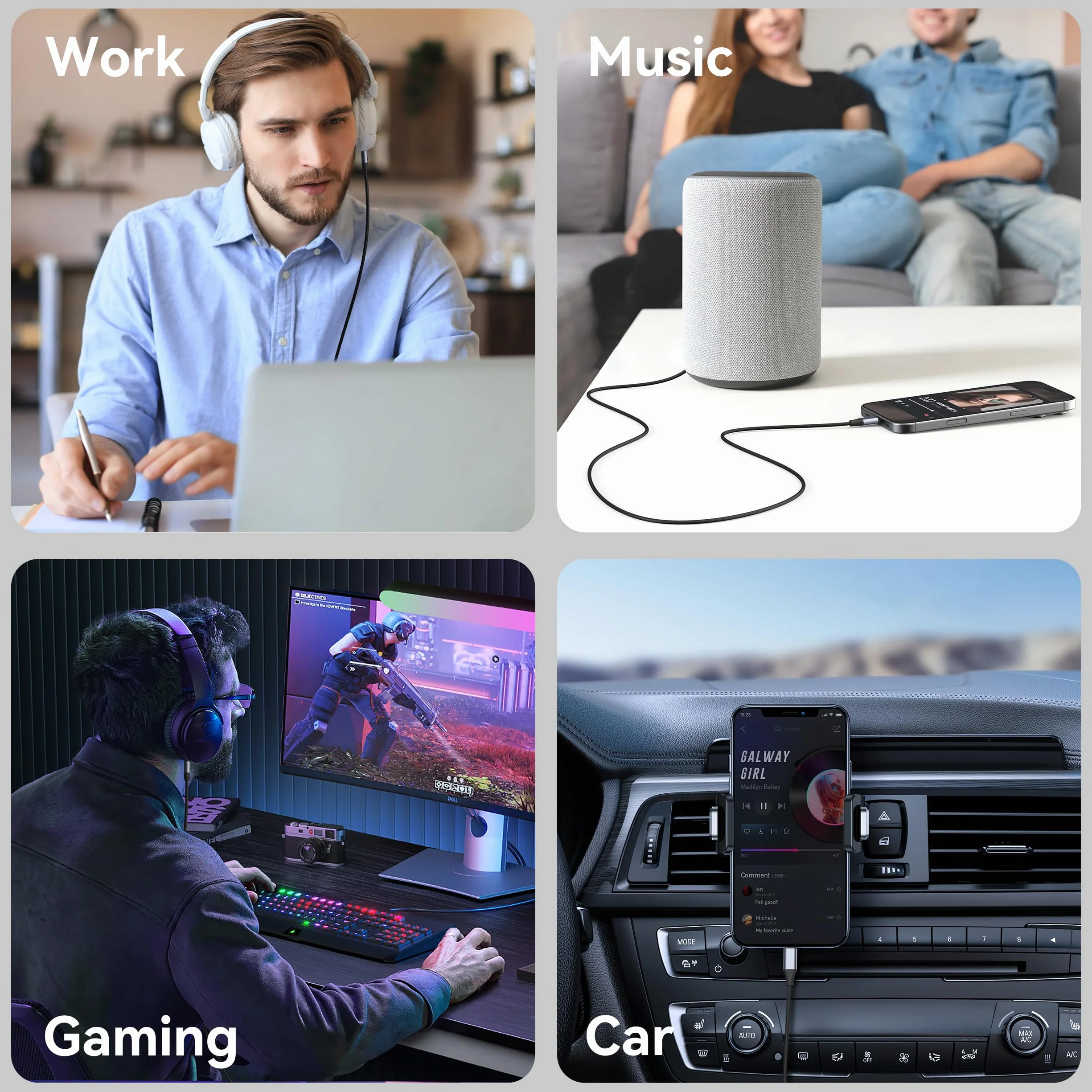 Câble USB C vers 3.5mm Jack DAC Audio AUX pour iPhone 17 16 15 Pro Max, Galaxy S24/S23/S22 Ultra (Noir)