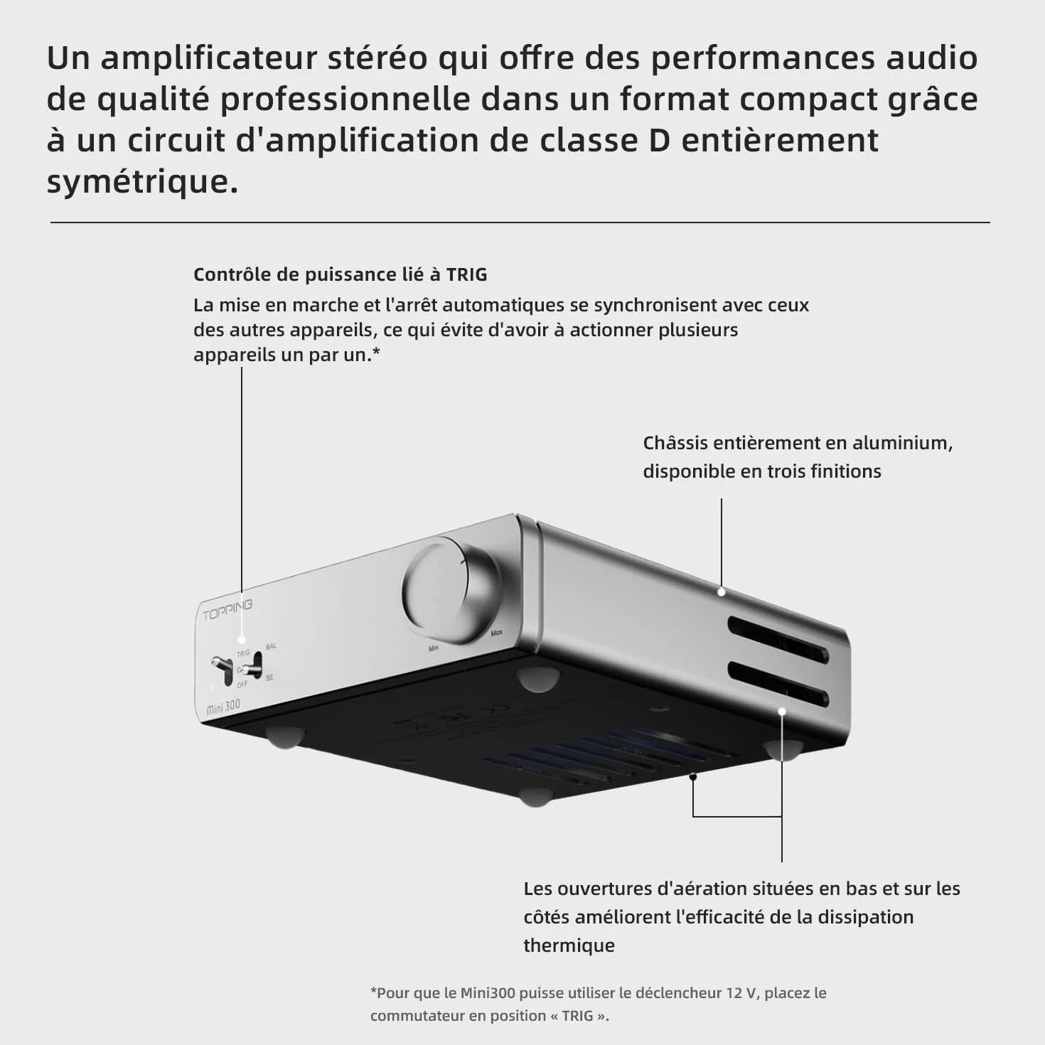 Topping Mini300 Amplificateur de bureau entièrement symétrique 140 W Compact Classe D Amplificateur de bureau avec entrée RCA/TRS, amplificateur Hi-Fi pour enceintes domestiques, argenté