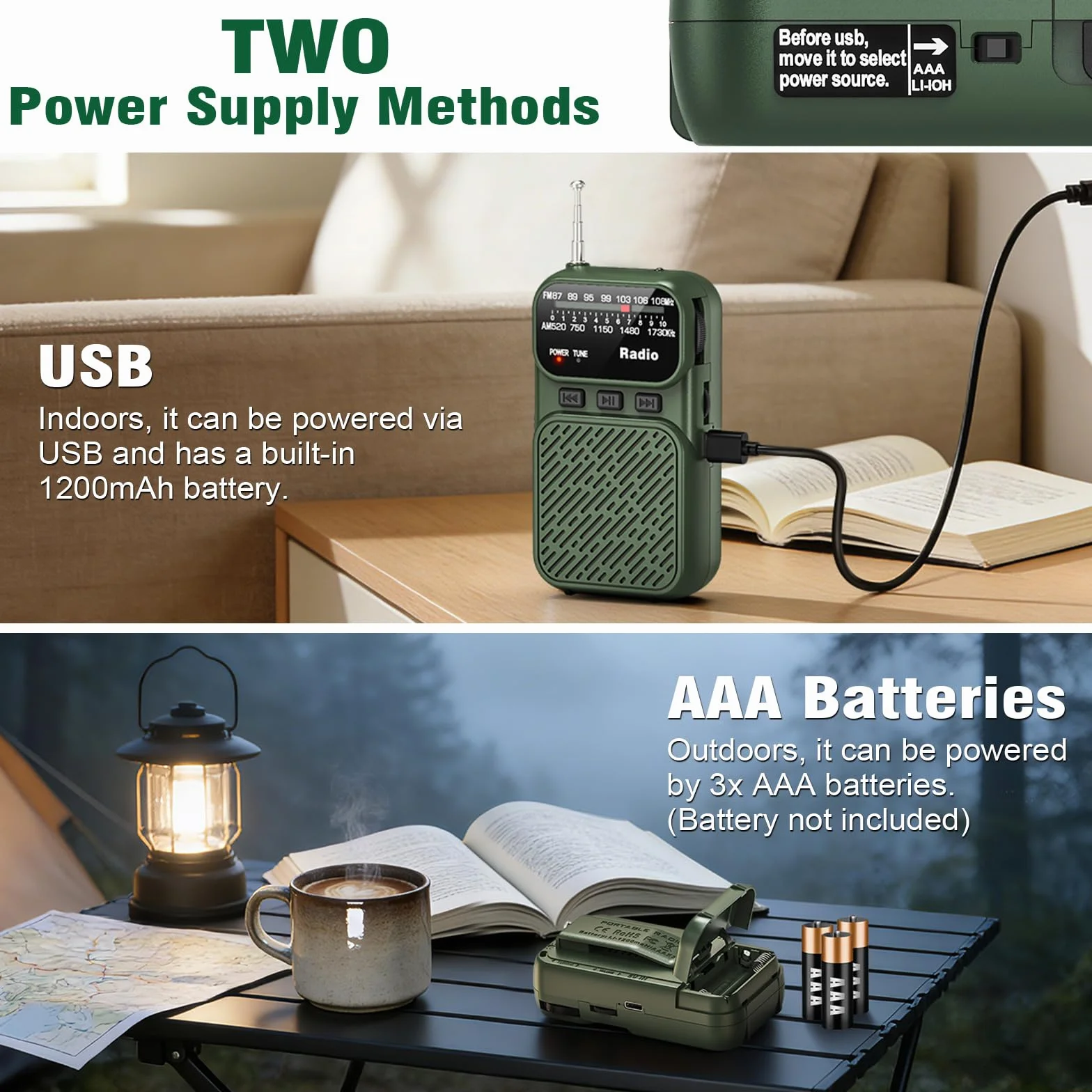 Tendak Mini Radio à Piles AM/FM/FM Bluetooth Portable 1200 mAh USB-C Vert