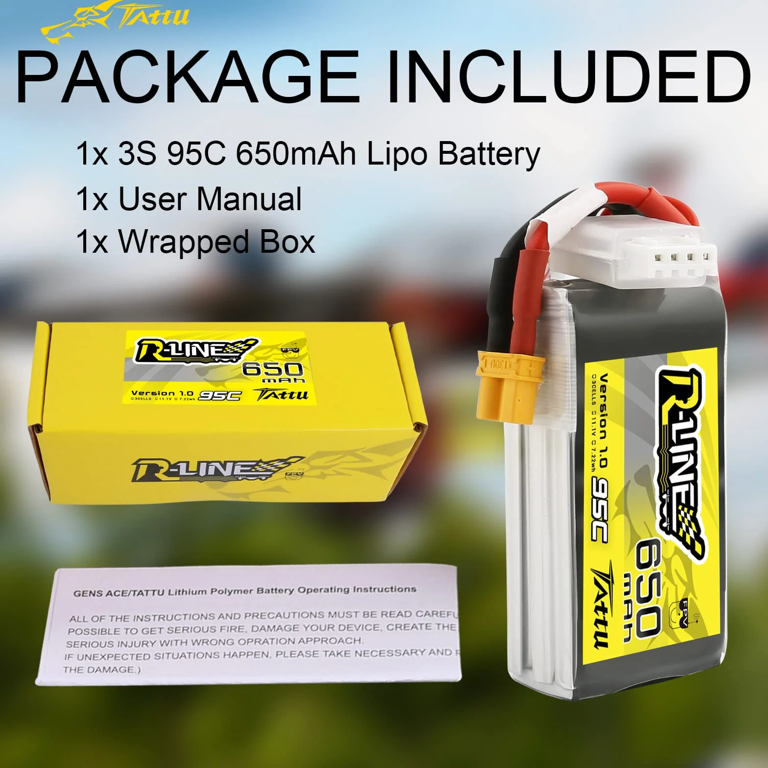 Tattu 3S Lipo Battery 11.1V 650mAh 95C Soft Case R-Line Lipo Battery Pack avec connecteur XT30 pour UAV Drone FPV Racing RC Quadcopter multirotor de Taille 100 à 180
