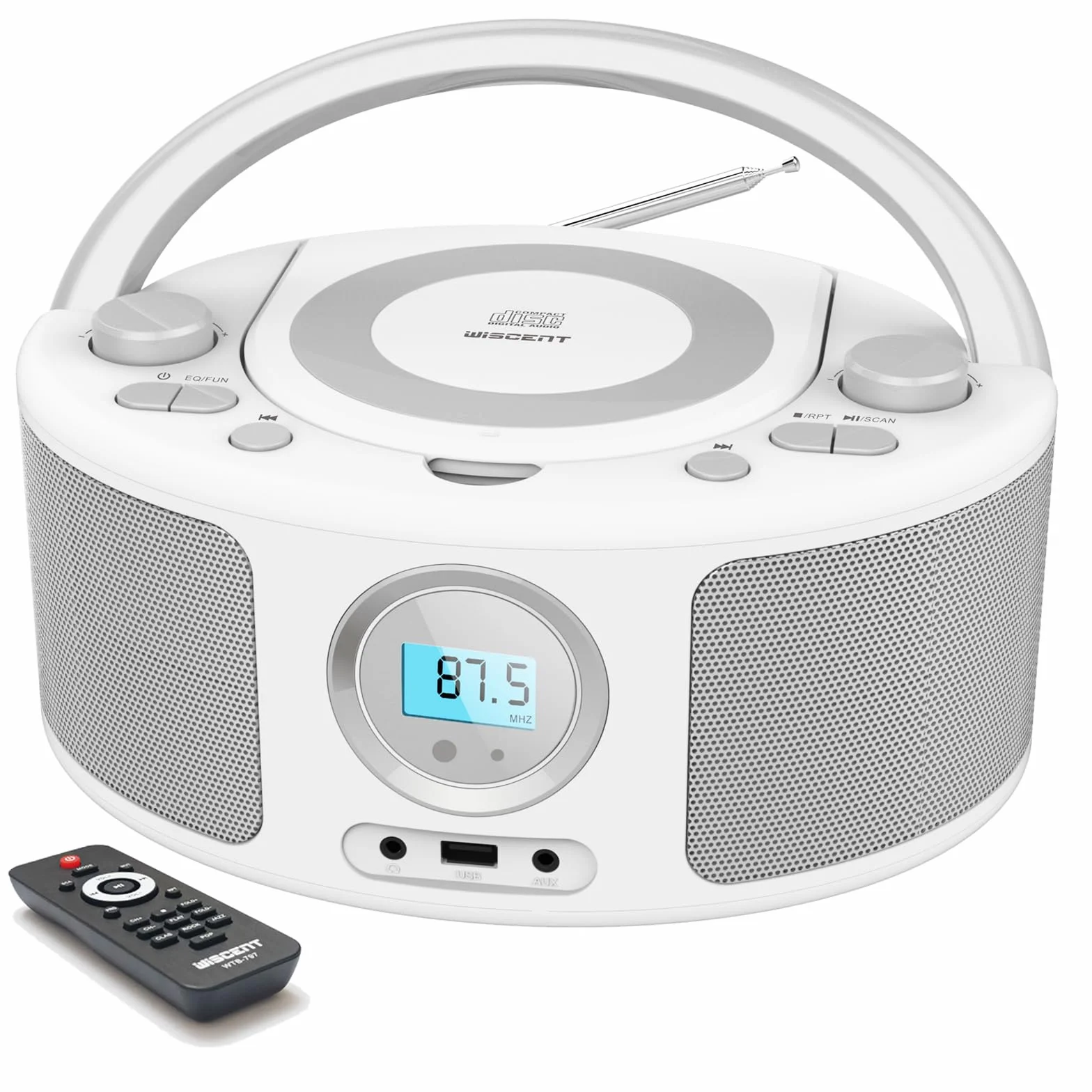 Poste CD Enfant, WISCENT Radio FM Lecteur CD Portable Boombox (avec Bluetooth,Radio FM,USB,AUX,Prise Casque) Lecteur CD Enfant