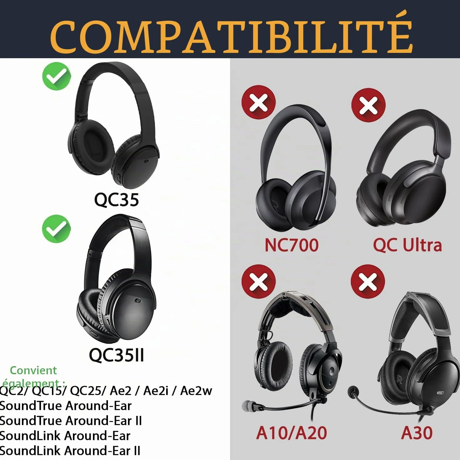 Bose QuietComfort 35 QC35 QC35 II Coussinets d'oreille Supra-auriculaire Casque SoloWIT