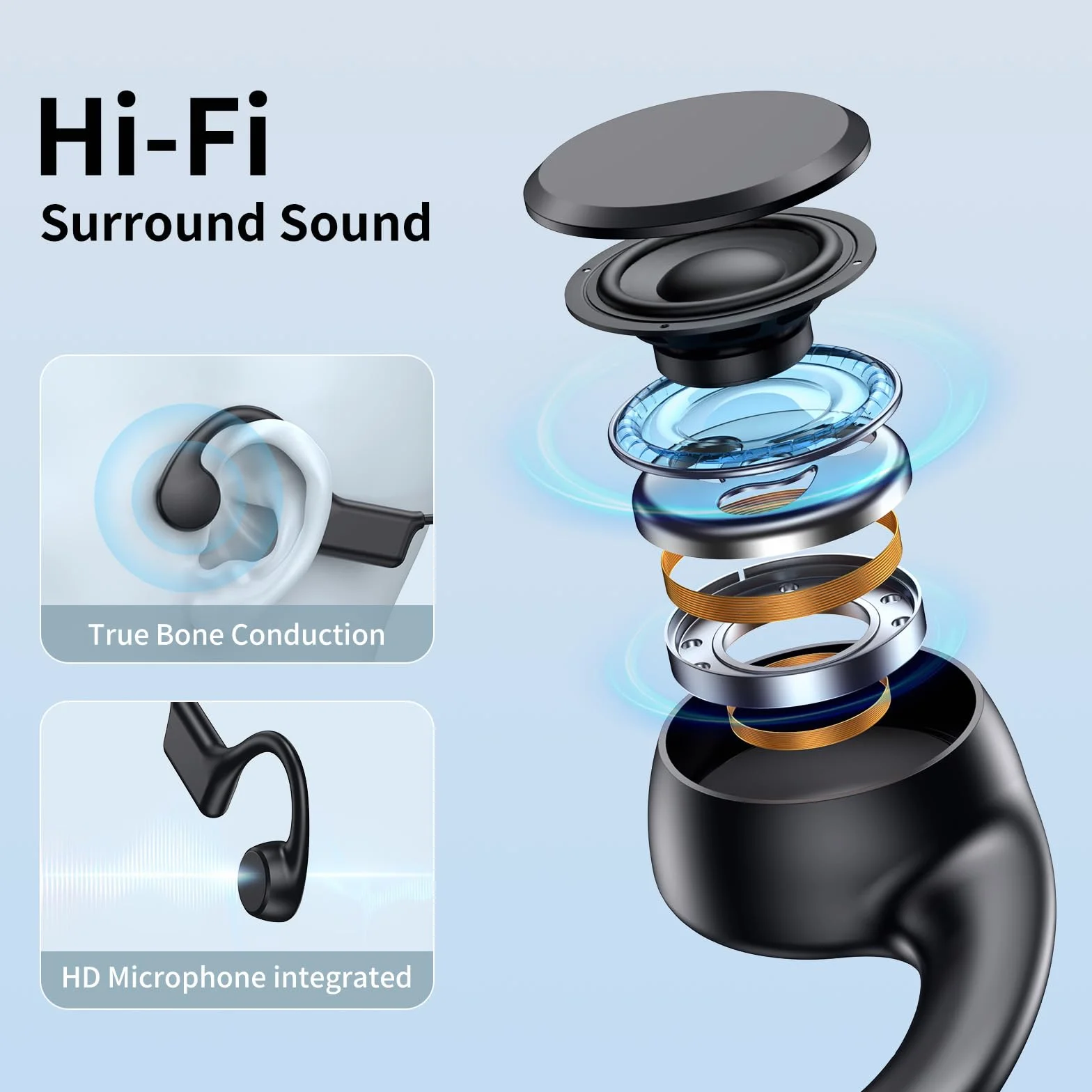 Casque Conduction Osseuse Bluetooth, Écouteur Conduction Osseuse Sans Fil Oreilles Ouvertes avec Micro, Open Ear Sport Étanche Conduction Casque pour Course à Pied, Sport, Cyclisme, Fitness (Noir)