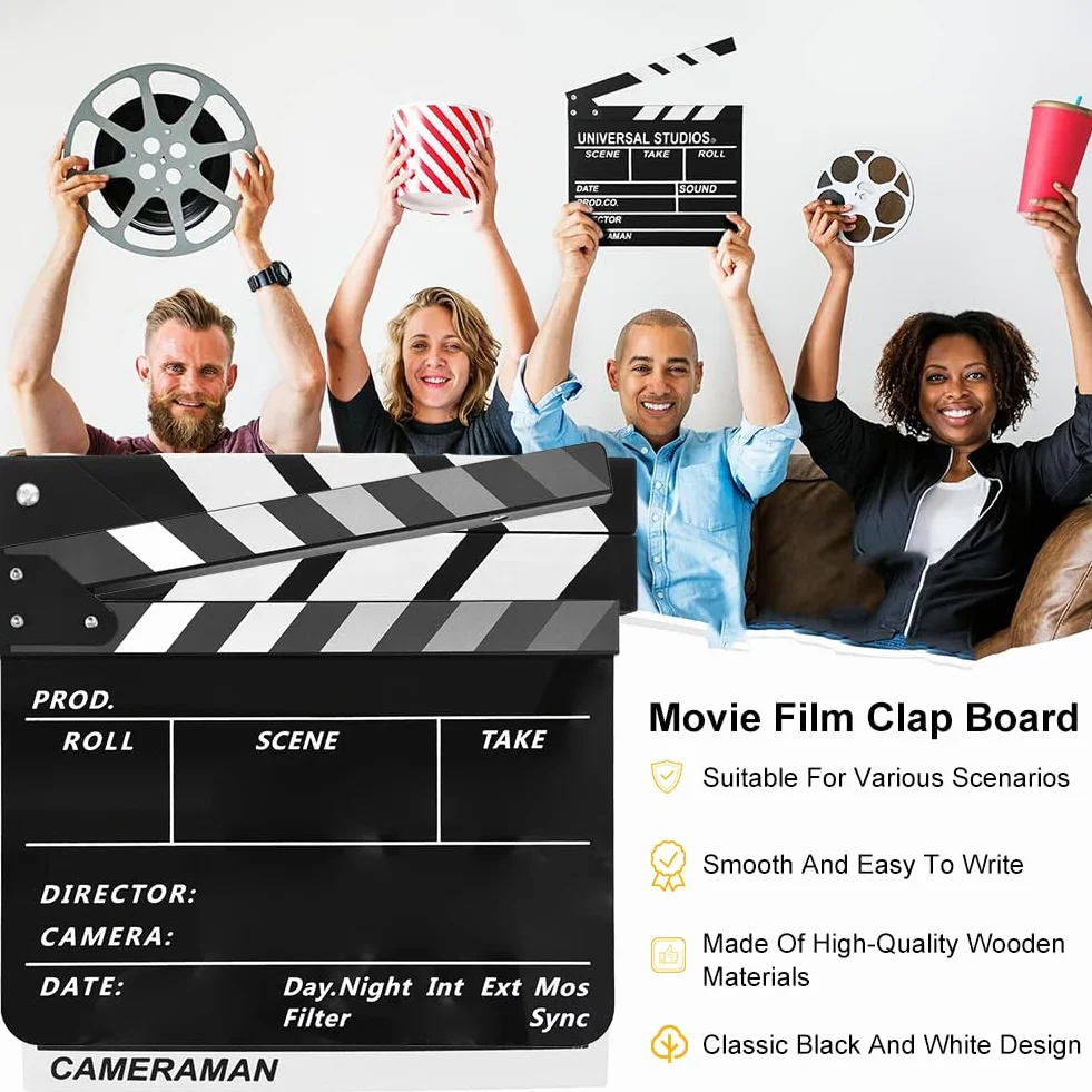 Clap de Cinéma 30 x 25cm,Acrylique Film Clapper,avec effaceur magnétique,2 stylos,Clap Cinéma pour Tournage Film,Tournage Vidéo