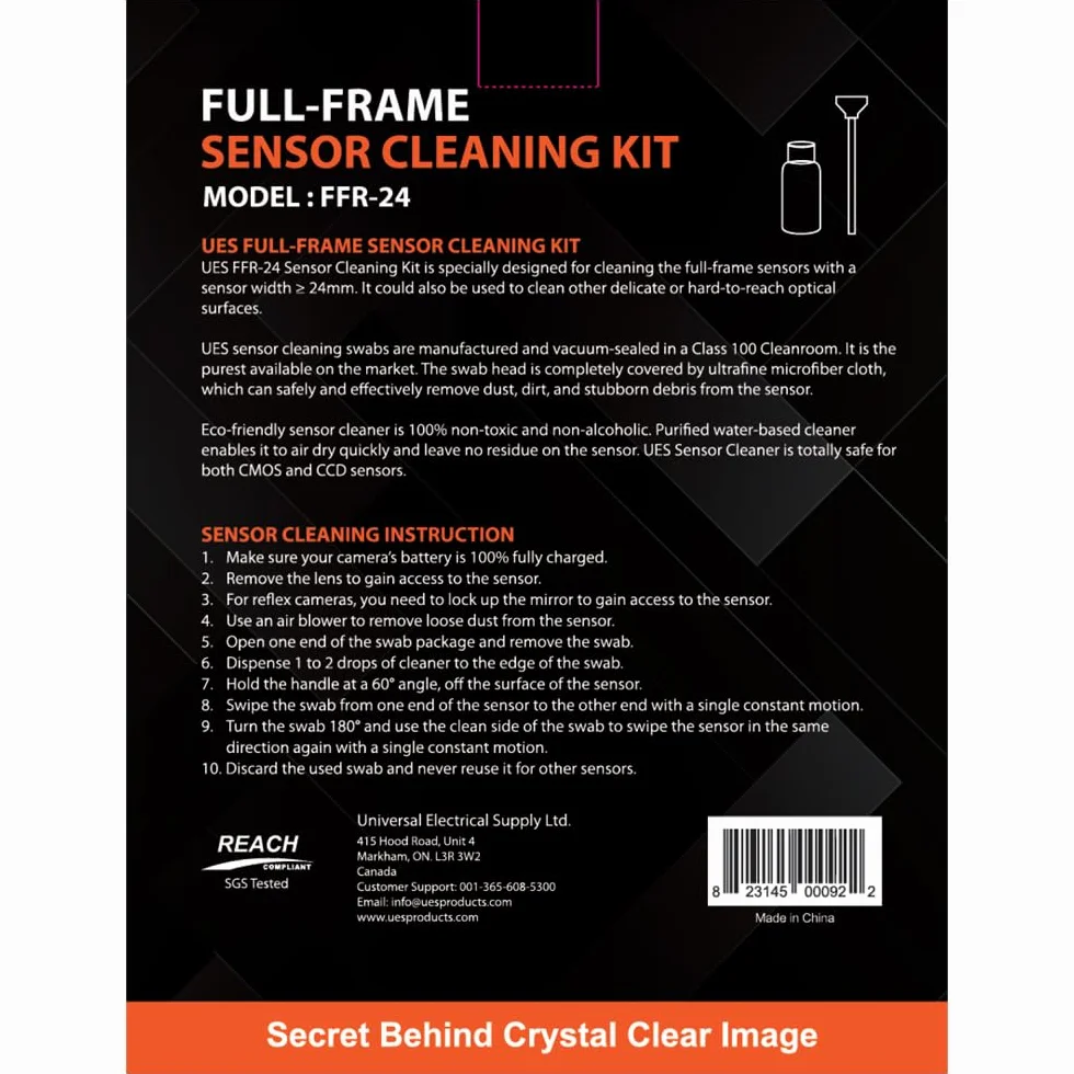 UES FFR24 Kit de Nettoyage Capteur Appareil Photo Plein Format (Hybride et Reflex) – 14 Bâtonnets (24 mm) & 15 ML Liquide Nettoyant – Élimine la Poussière (Compatible avec Canon, Sony, Nikon)