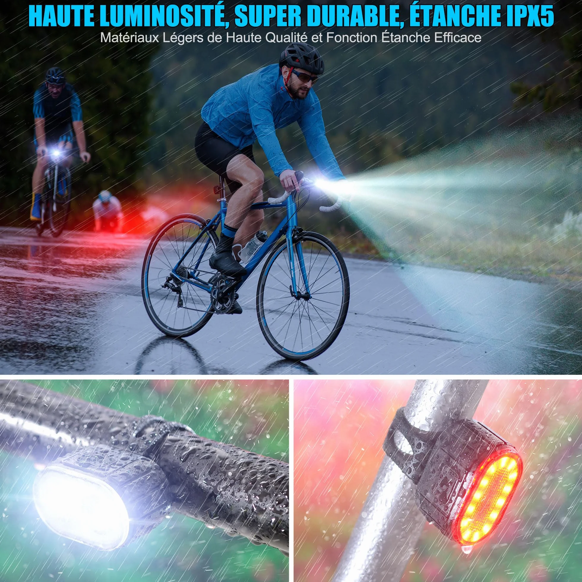 Lumiere Velo à LED Feux Avant Arrière Rechargeables USB IPX5 Phares Double Talon