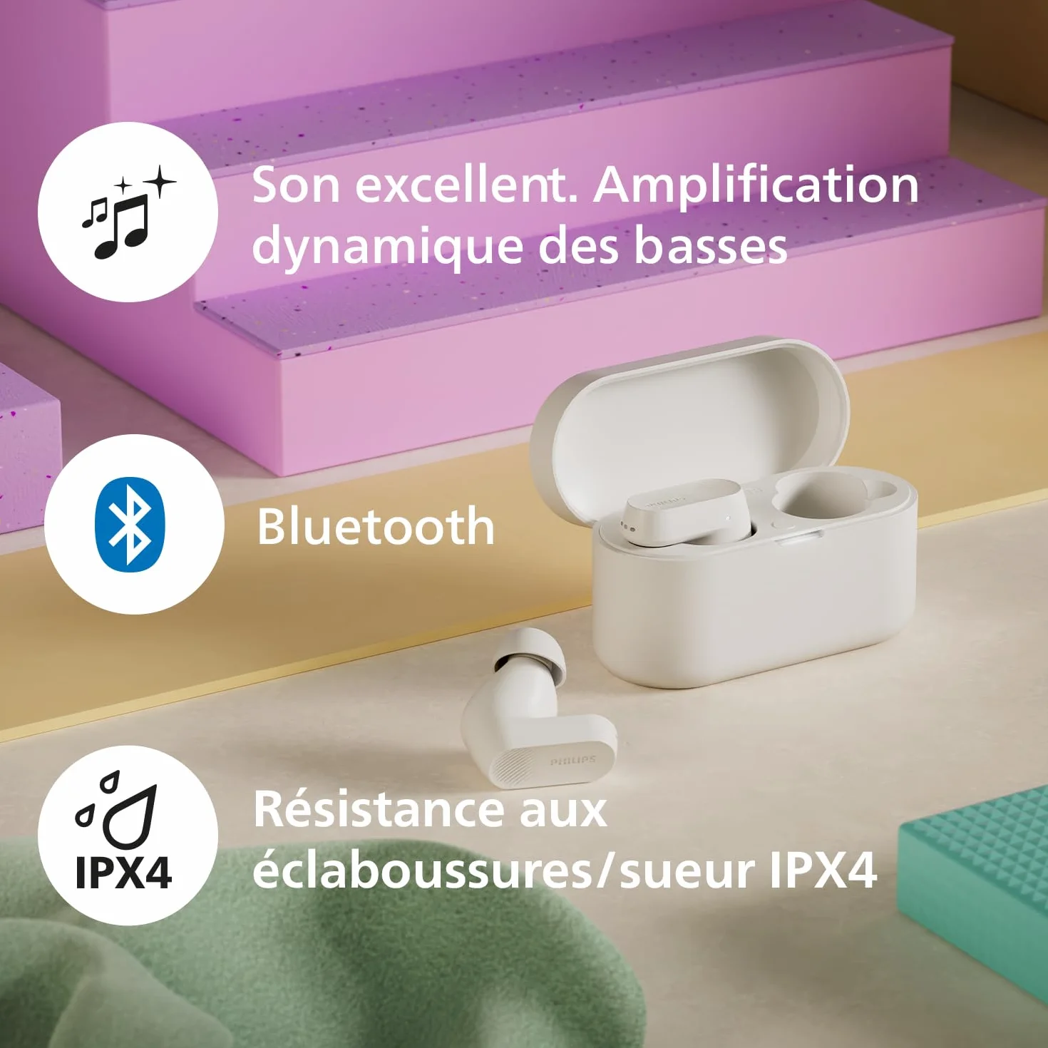 Philips TAT3509WT écouteurs Intra-Auriculaires sans Fil - Casque antibruit, Son Naturel avec Basses dynamiques, appels clairs et étui de Chargement de Poche - Blanc