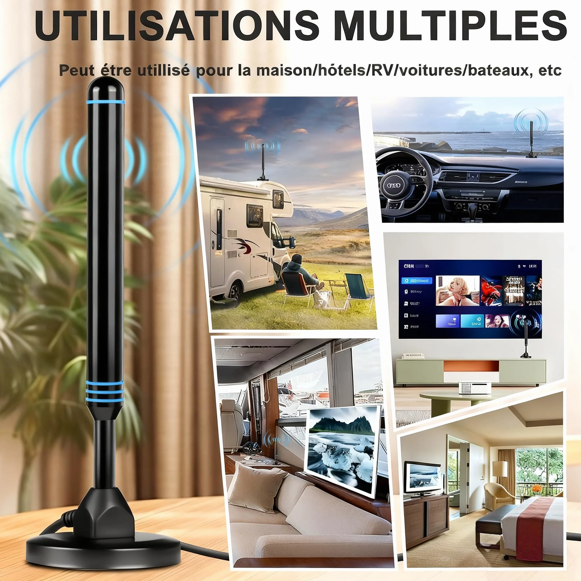 Antenne TV Intérieure Puissante – Réception Longue Portée à 360°Antennes TNT IntéRieur Puissante, Capture Chaînes Locales Gratuites, Base Magnétique, Câble Coaxial 3m