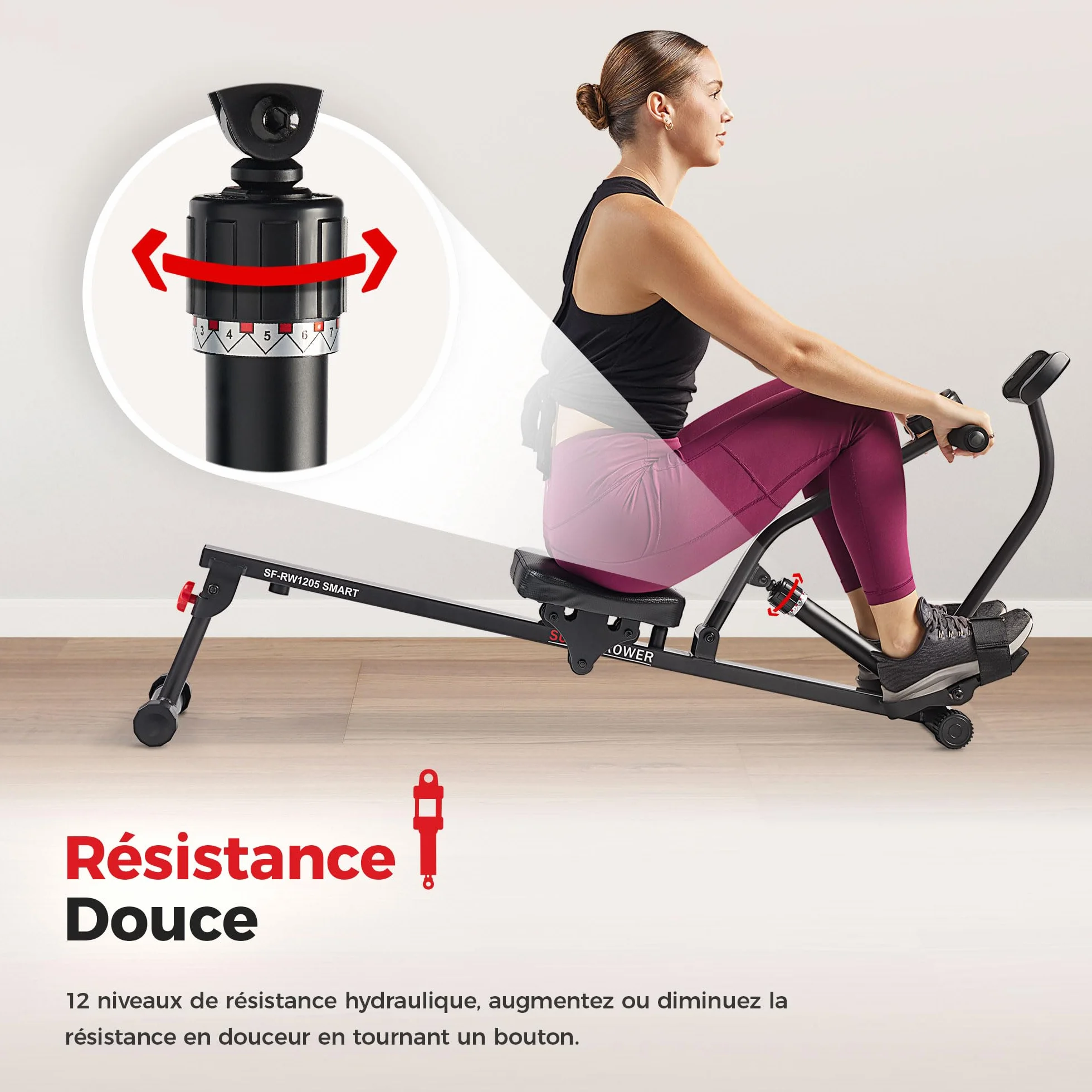 Sunny Health & Fitness Rameur de Fitness Compact 12 Niveaux de Résistance Réglable avec Connexion SunnyFit APP