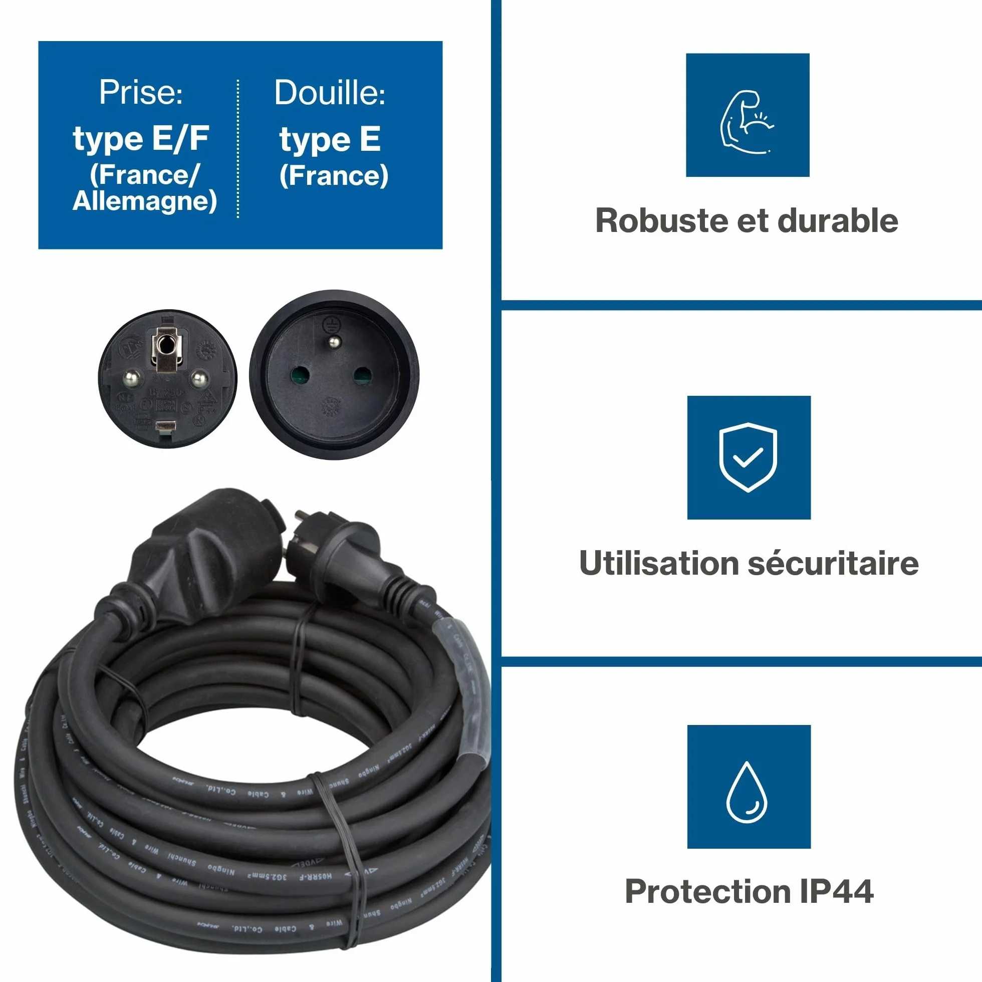 HQ-Power Rallonge, avec gaine rétractile, H05RR-F 3G2.5, 15 m, 16 A/230 V, 3680 W, type E/F, IP44, caoutchouc, noir