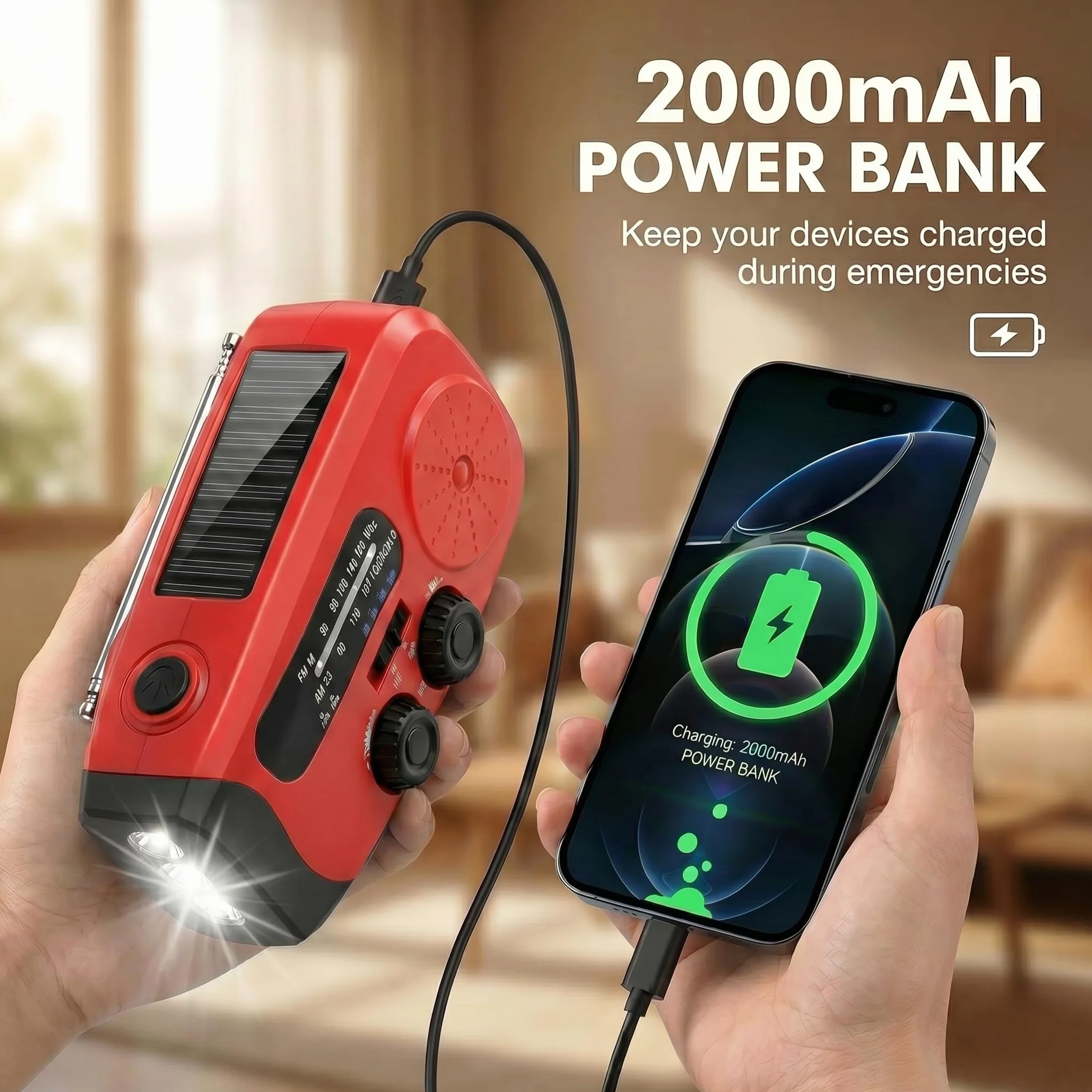 Notfunk Radio Portable d'urgence à Manivelle, 3 Lampes LED, Alarme SOS, Power Bank 2000mAh, Camping en Plein Air, Prévention d'urgence à la Maison, Rouge