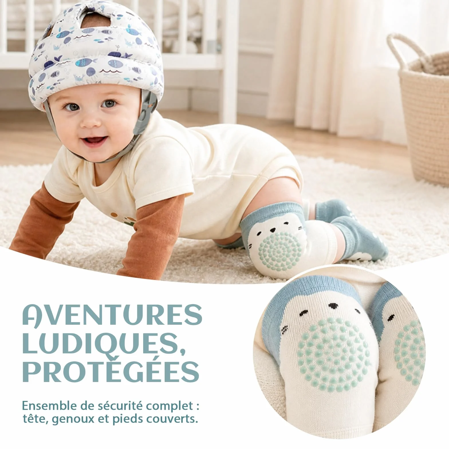 Solivive Casque Bébé Antichoc Protection, Anti Choc pour Bébé avec Longueur Réglable, Chaussettes Antidérapantes et Genouillères