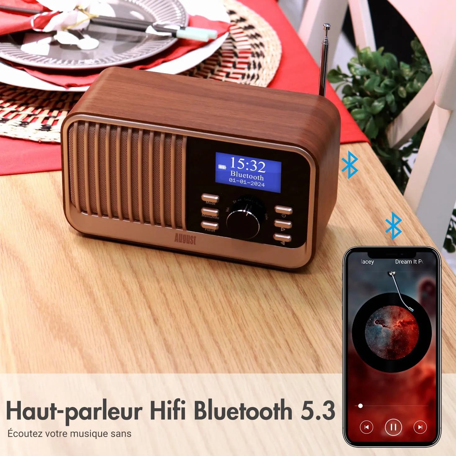 August MB450K - Radio Dab/Dab+/FM Rechargeable Double Réveil, Radio Portable Rétro avec 60 Présélections, Haut-Parleur Bluetooth 5.3, USB/AUX/Carte MicroSD, Autonomie 18H et Télécommande - Chêne