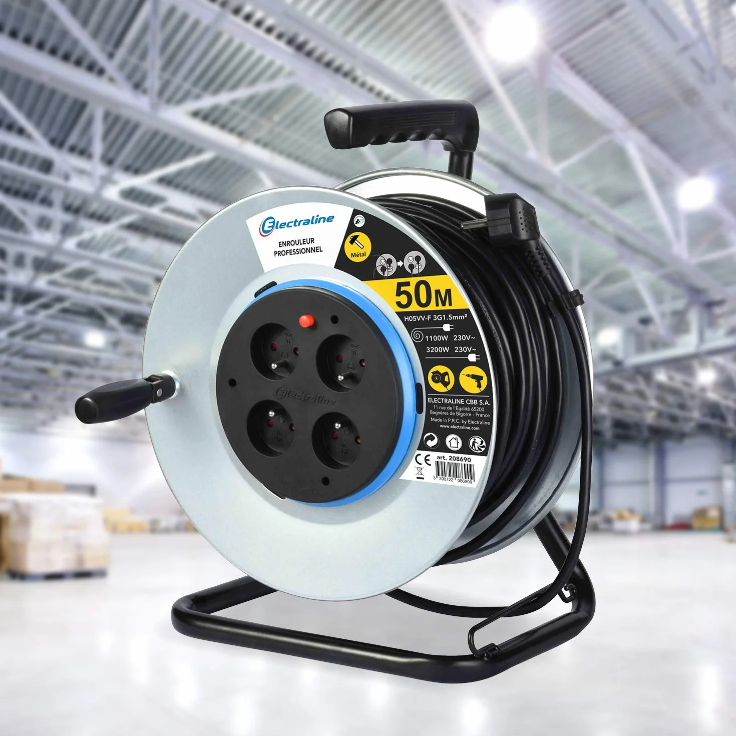 Electraline 208690 Rallonge Prolongateur électrique en Metal 50M 4 prises avec Guide pour le câble, Platine fixe et poignée ergonomique