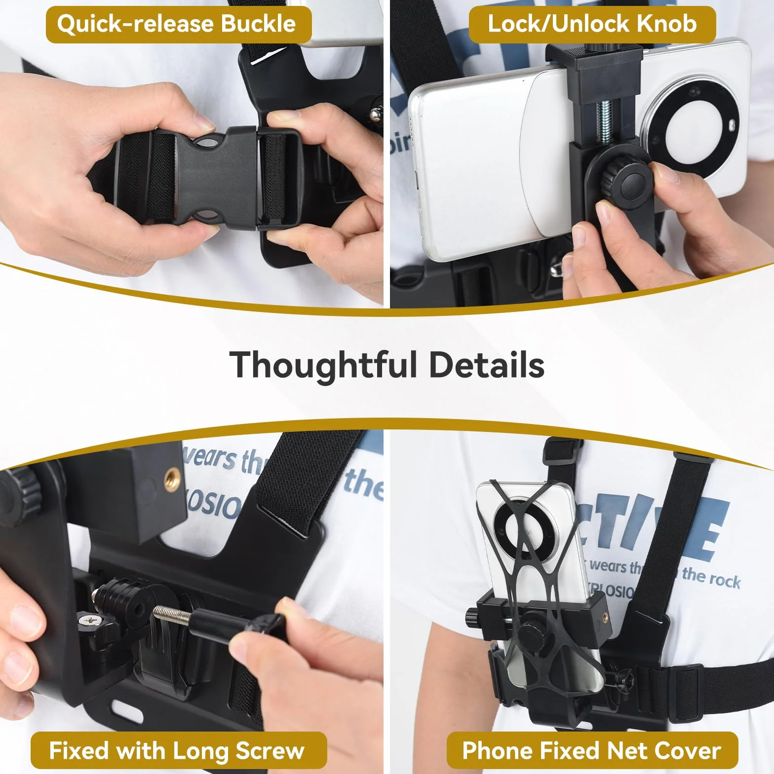 UTEBIT Support de Sangle de Poitrine pour Téléphone Harnais de Fixation Torse Réglable pour Caméras d'action Sangle de Montage Téléphone Compatible avec Gopro pour iPhone pour Samsung