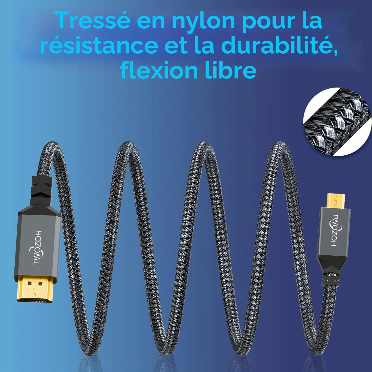 Twozoh Câble Micro HDMI vers HDMI 5M, Nylon tressé Câble HDMI A vers Micro HDMI D, Supporte 3D 4K/60Hz 2.0 1080p