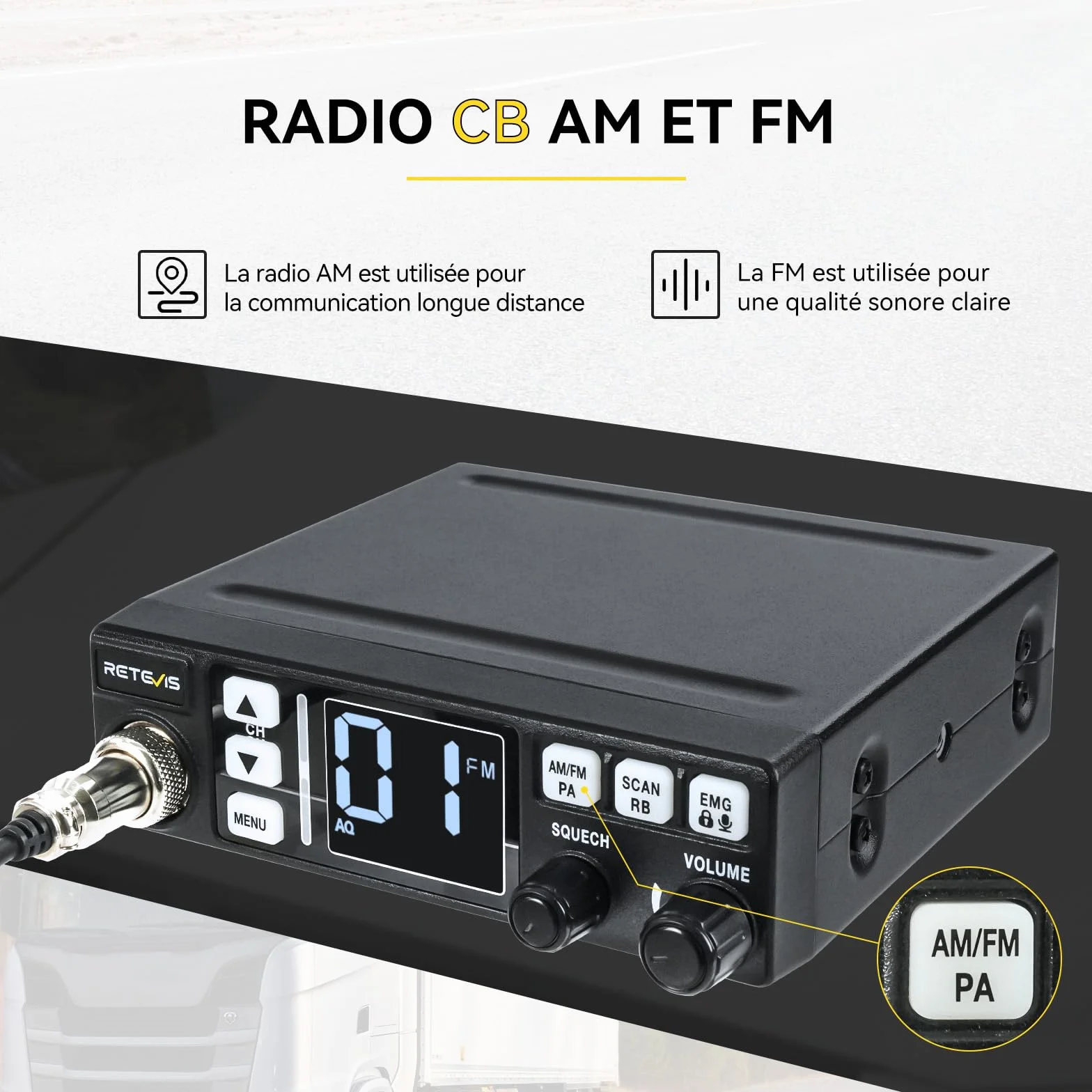 Retevis MB63 Radio CB Mobile Kit Complet avec Antenne AM/FM/PA Écran LCD VOX SQ/ASQ EMG CH9/19 Noir