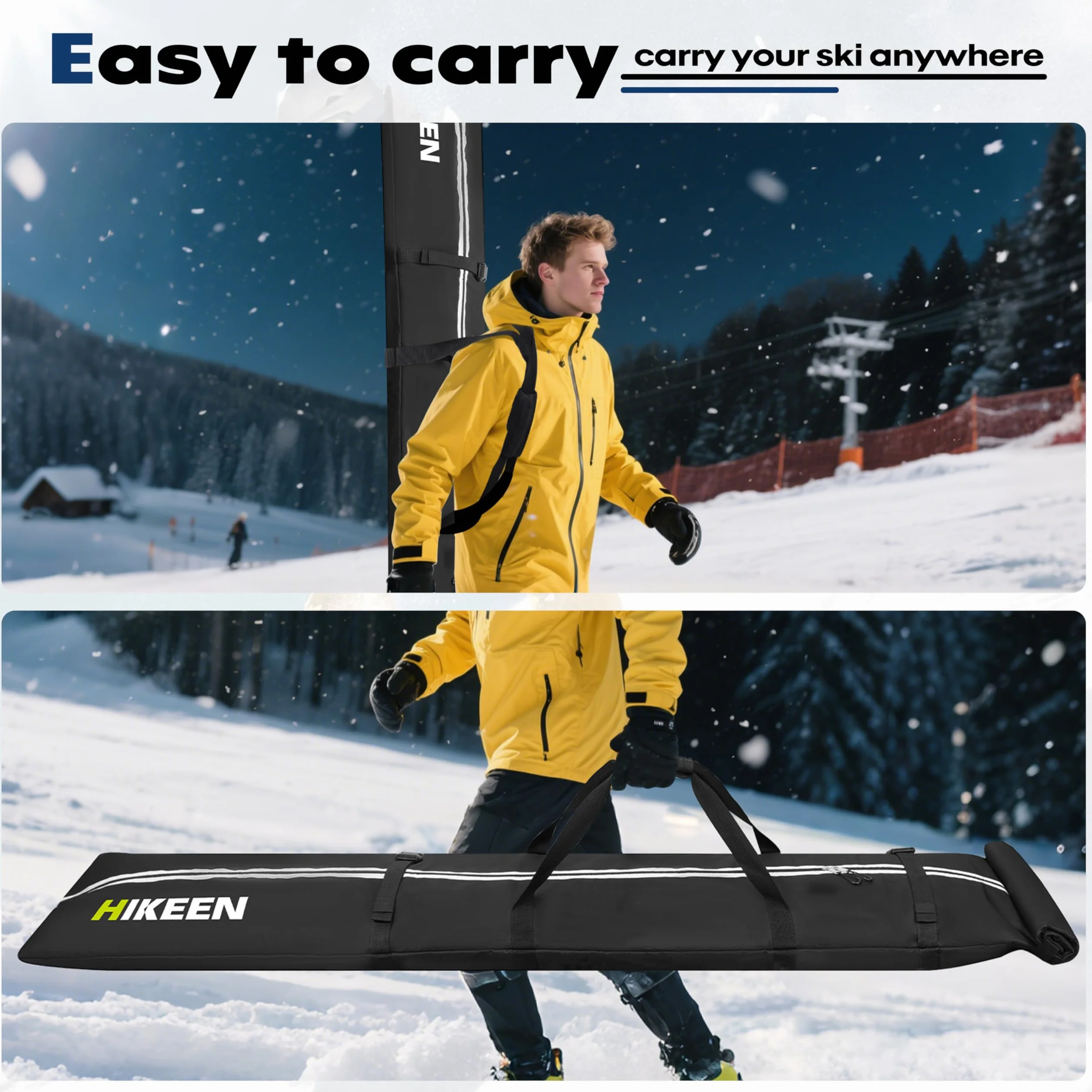 BOOSTEADY Sac de Ski pour 2 Paires de Skis, Housse pour 1 Snowboard avec Bandoulière Rembourrée, Longueur Réglable 210cm, Sac Imperméable