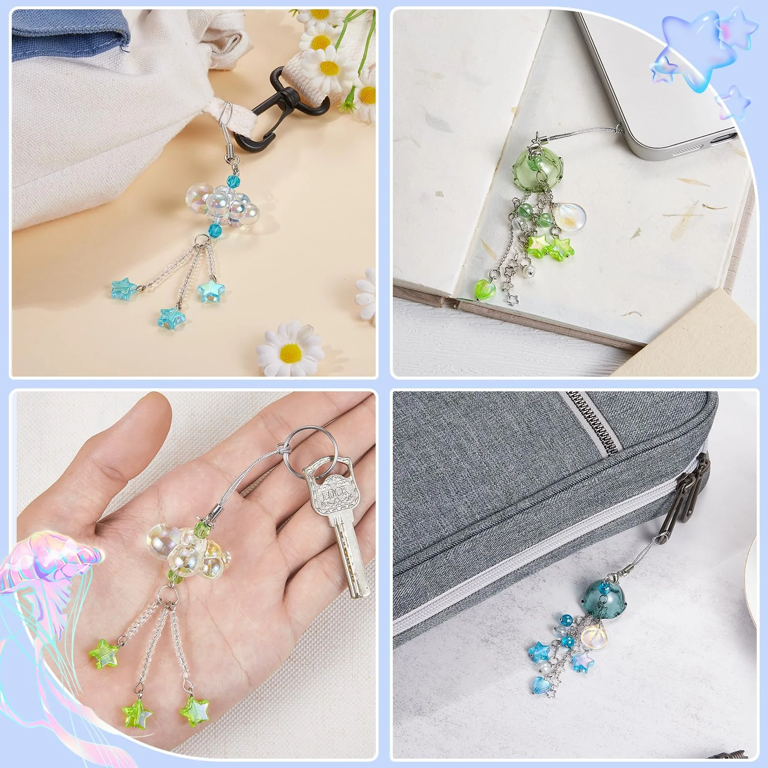 BEEFLYING Breloque Telephone Carillon à Vent Bleu, Bijoux Méduse Kawaii Pendentif Franges pour Étuis Téléphone Sac Porte-clés