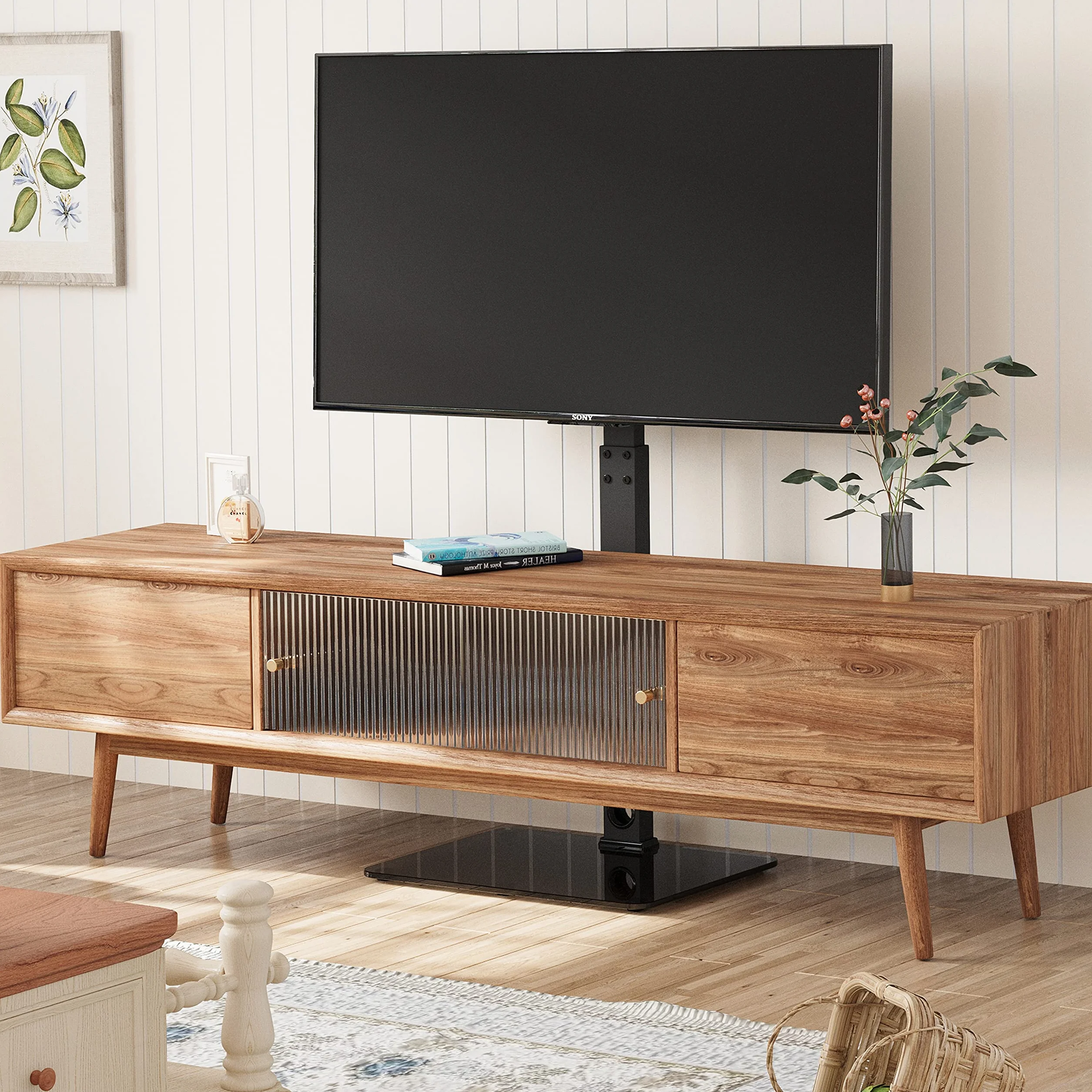 BONTEC Support TV de Sol pour Téléviseurs de 30-70 Pouces Plasma/LED/LCD/OLED Incurvés & Plats, Support TV Haut Réglable en Hauteur jusqu'à 40 kg, Max VESA 600x400 mm