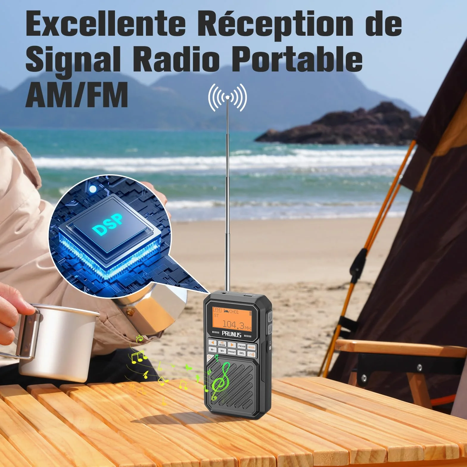 PRUNUS J-525 AM/FM Petite Radio Portable Bluetooth avec Batterie 2500 mAh, Minuterie Sommeil, MP3/TF