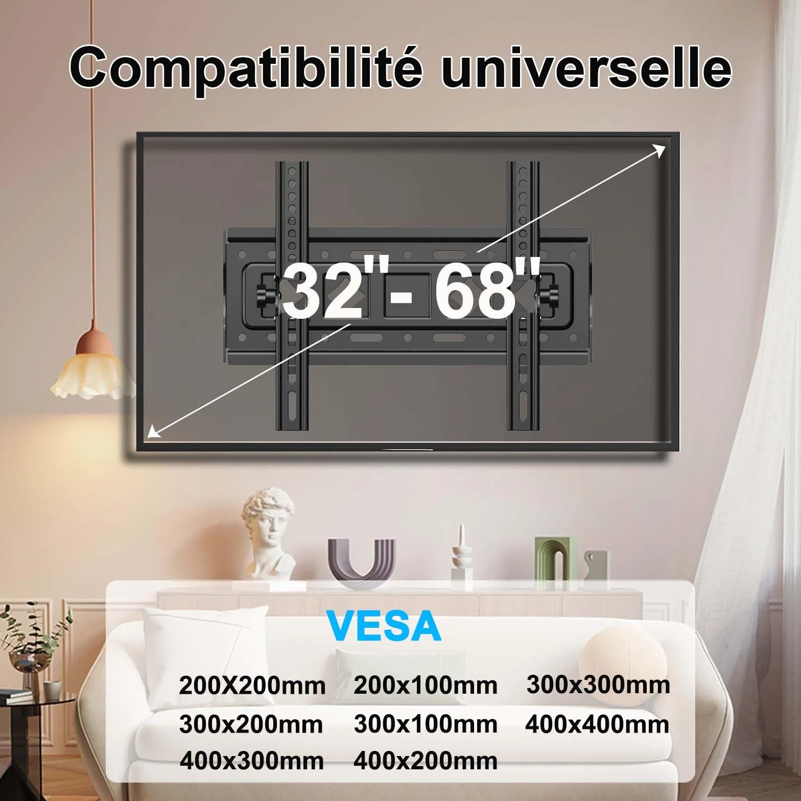 Support Mural TV inclinable pour la Plupart 32 à 68", VESA Jusqu’à 400x400mm et Charge maximale 60 KG, 40 43 50 55 58 60 65 Pouces réglable Rack Mural pour TV,Support TV Mural,TV Wall Mount
