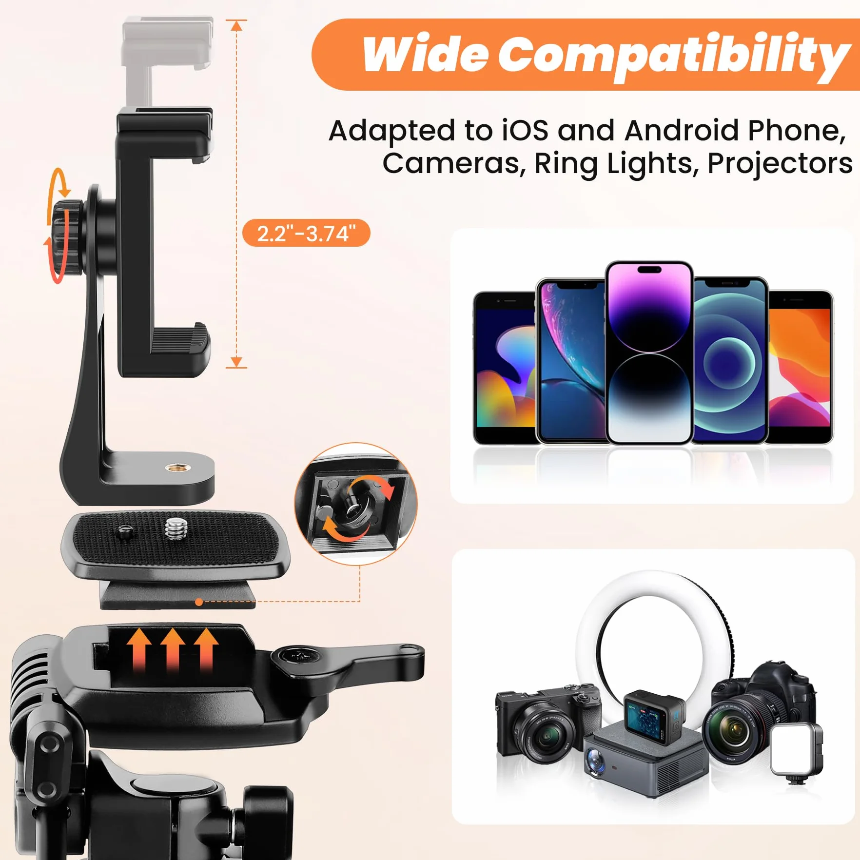 Nineigh Trepied Appareil Photo,190cm Trepied Smartphone avec Bras Télescopique Horizontal, Aluminium Trépied Caméra avec Télécommande pour iPhone, Samsung, Huawei,Caméra légère