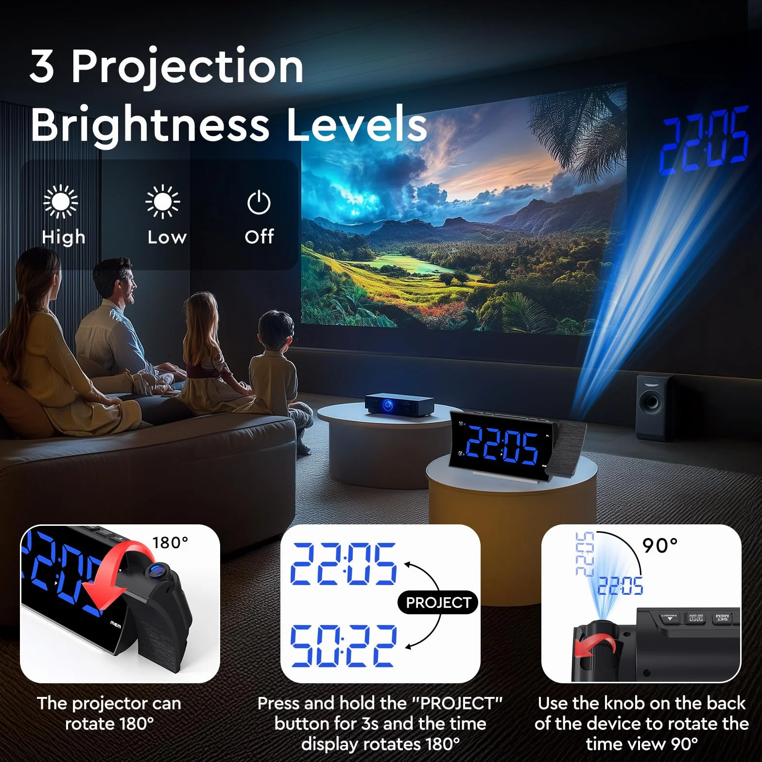 Radio Reveil Projecteur Plafond 180°, Radio Réveil FM Numérique, Grand Écran LED, Chargeur USB, Double Alarme, 12/24H, Snooze, Horloge Projection Plafond pour la Chambre