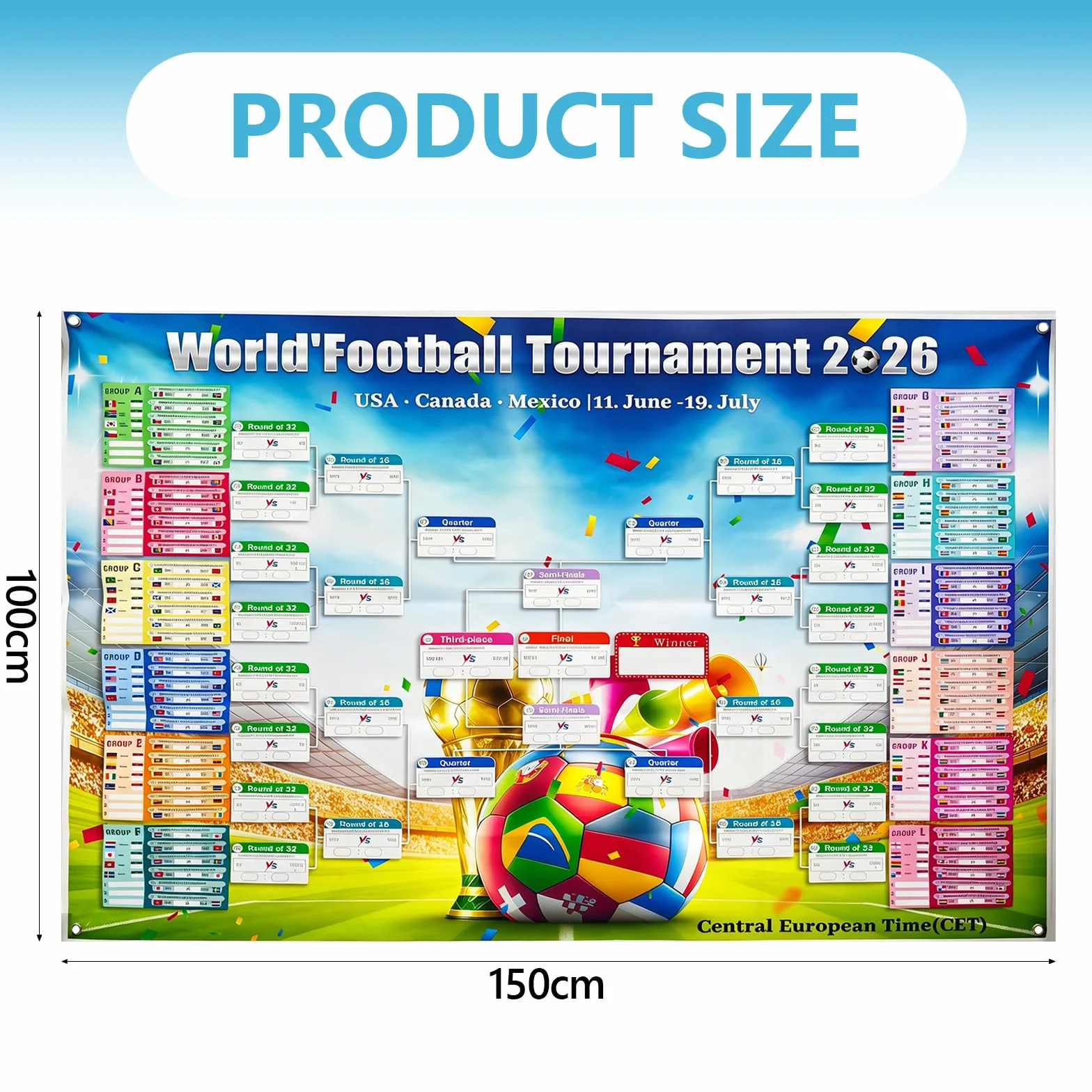 Affiche du Calendrier de la Coupe du Monde de Football 2026, 150 x 100cm, 48 Pays