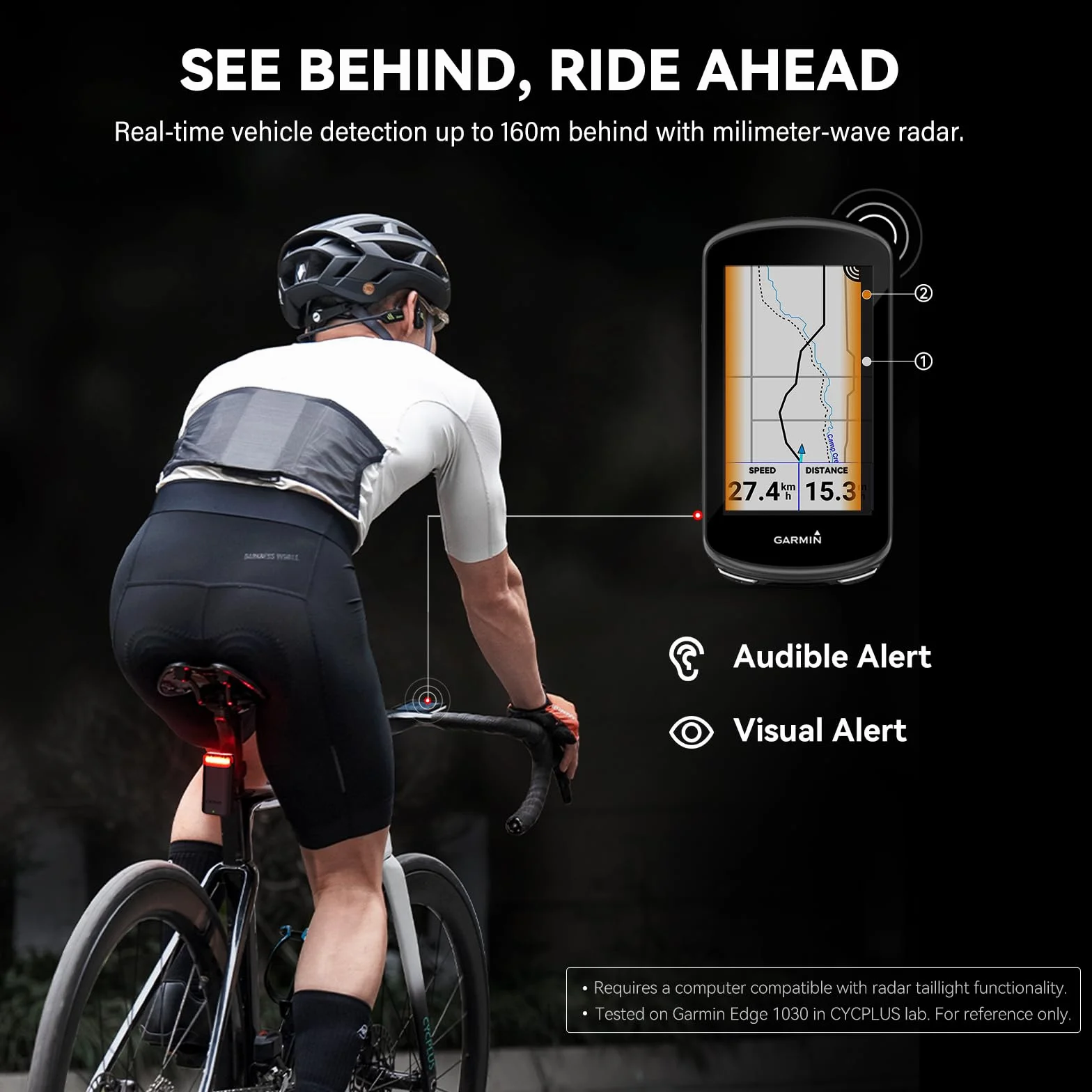 CYCPLUS Feu Arrière Vélo Radar Détection Freinage Alertes Visuelles 160m Batterie Rechargeable 2000mAh IPX6