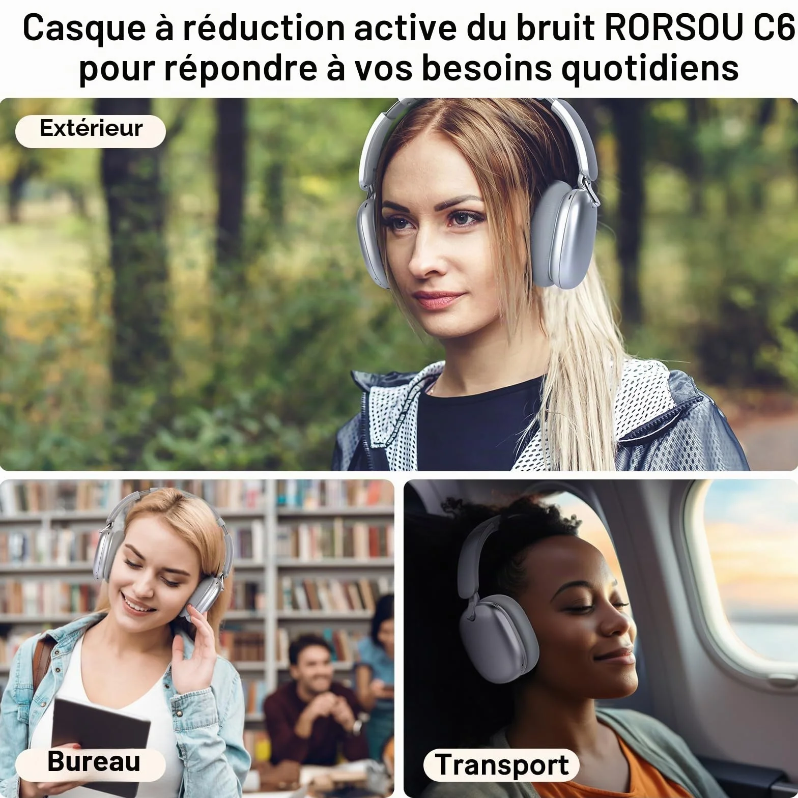 Casque Audio C6 à réduction Active du Bruit, Casque Bluetooth Supra-auriculaire sans Fil, Design Pliable léger, Oreillettes Confortables avec Basses Profondes, avec Micro Argent