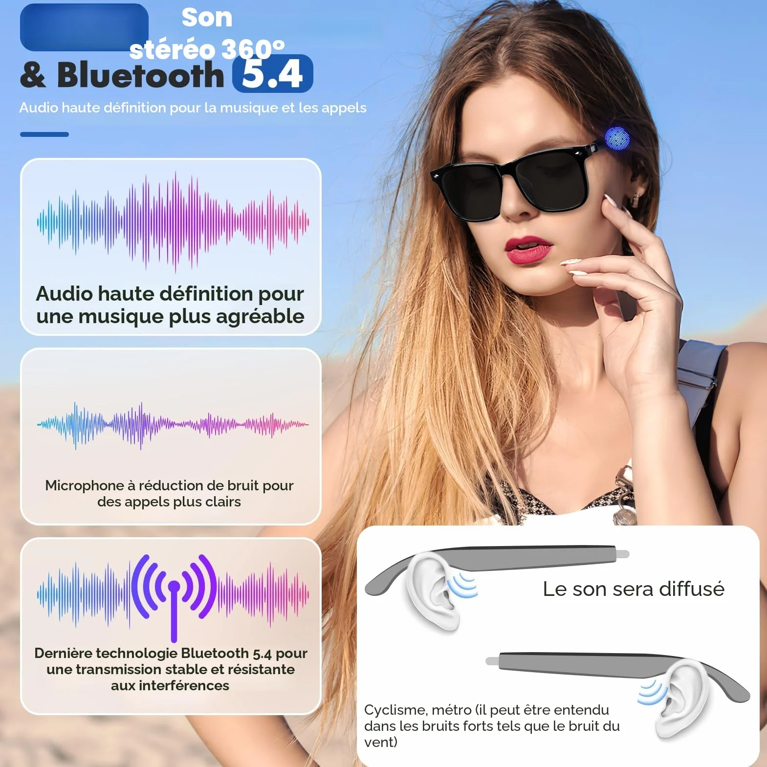 Lunettes intelligentes Bluetooth avec haut-parleur, 115 langues, traduction en temps réel, protection UV, verres polarisés, pour homme et femme, jeux, réunions, voyages
