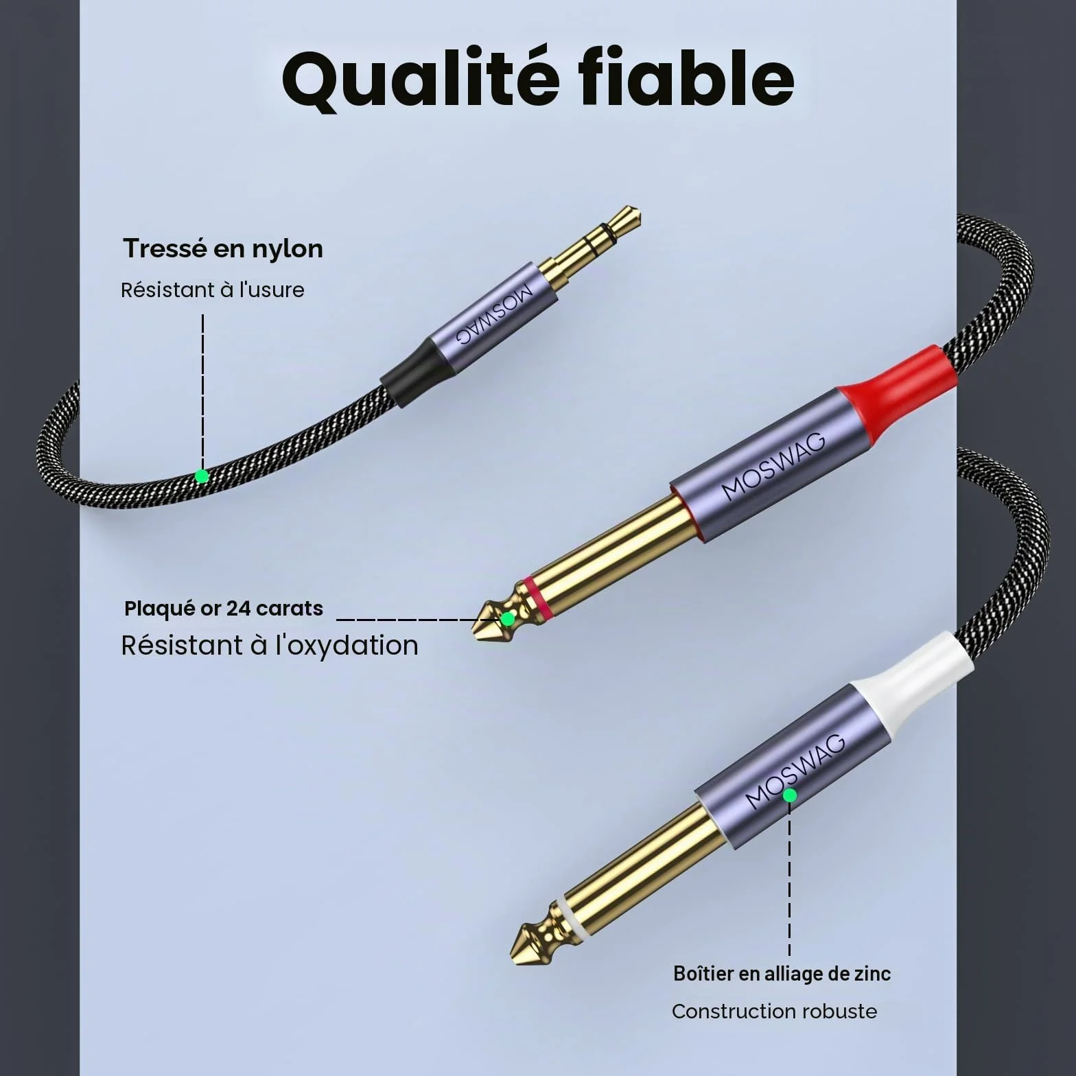 MOSWAG Câble Audio 3.5mm vers Double 6.35mm 1M, 6.35 vers 3.5 Mâle Y Splitter TRS Jack, Plaqué Or Nylon Tressé 3,5mm à 2X 6,35mm Splitter Câble pour Amplificateur, Cinéma Maison