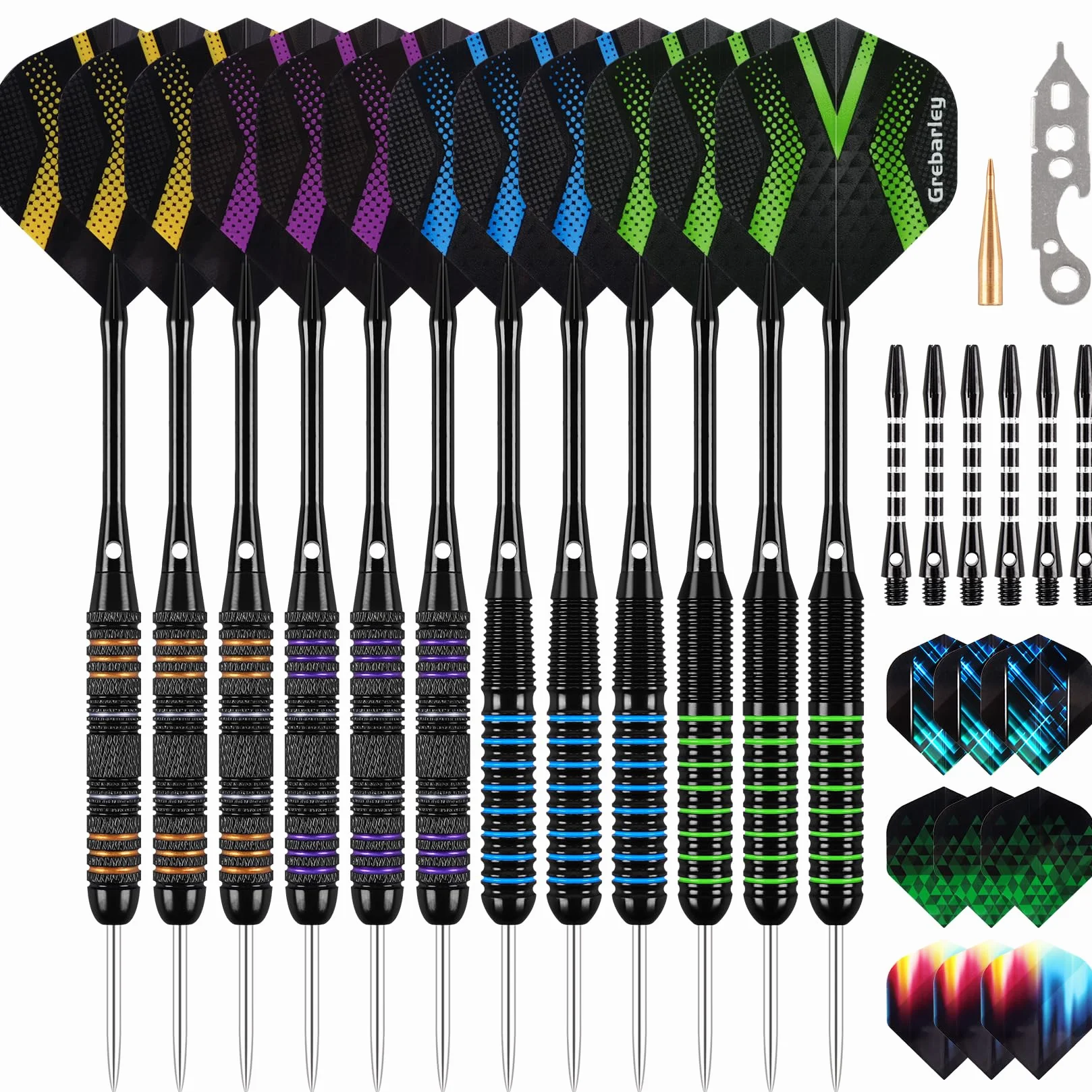 Lot de 12 fléchettes Professionnelles Pointe métal Tige Aluminium 18 Ailettes Anneaux