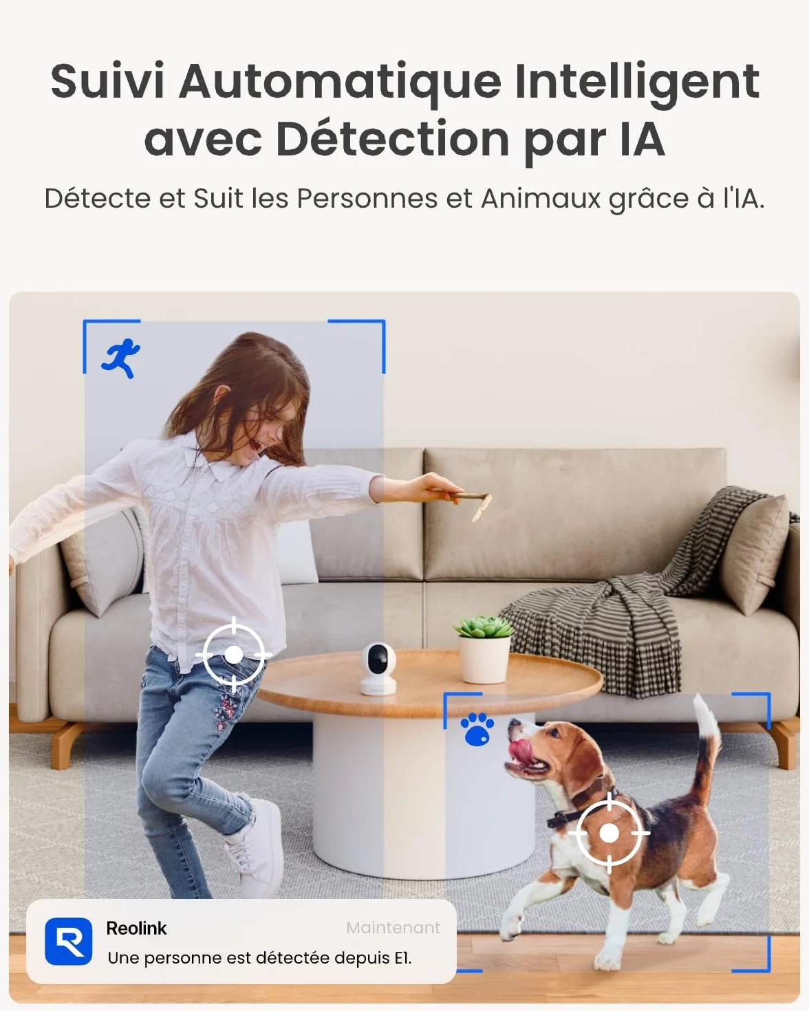 Reolink 4MP Interieur Caméra Surveillance WiFi – Vue à 360°, Suivi Automatique, Détection IA (Personne/Animal/Pleurs), Audio Bidirectionnel, Vision Nocturne, Mode Privé, sans Abonnement – ​​E1