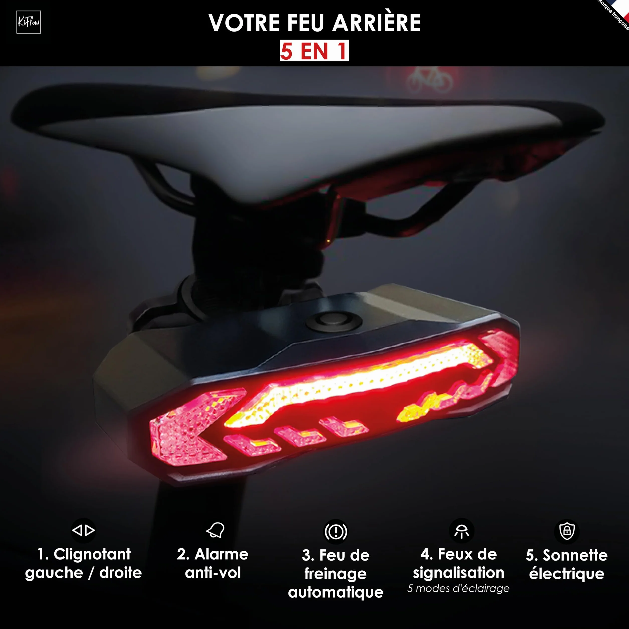 KIFLOW Clignotant Vélo Feu Arrière Alarme