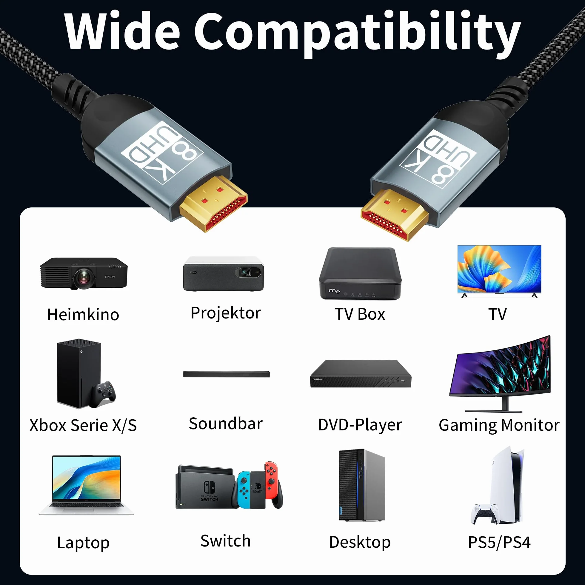 Câble HDMI 2,5m 10K 8K,câble HDMI ultra haute vitesse 10K 8K@60 Hz 4K@240 Hz,compatible HDMI 2.1,HDR10+,eARC,3D,HDCP 2.2 et 2.3,VRR,DTS:X,compatible avec PS5/4,Xbox,TV HD,PC,moniteur,projecteur