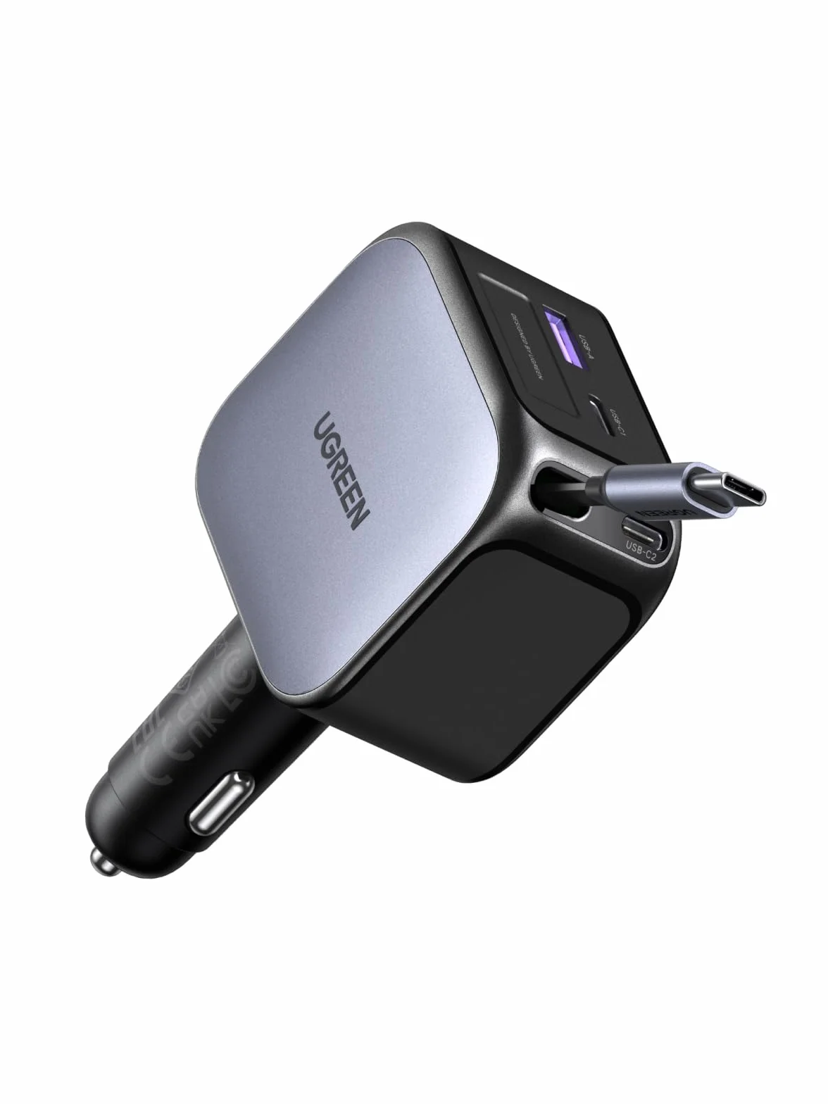 UGREEN Nexode 145W 4 en 1 Chargeur Allume Cigare USB C Rétractable Chargeur Voiture Charge Rapide Compact Compatible avec iPhone 17 Pro Max Air 16 15 MacBook Pro Air iPad Galaxy Tab Galaxy S25 Ultra
